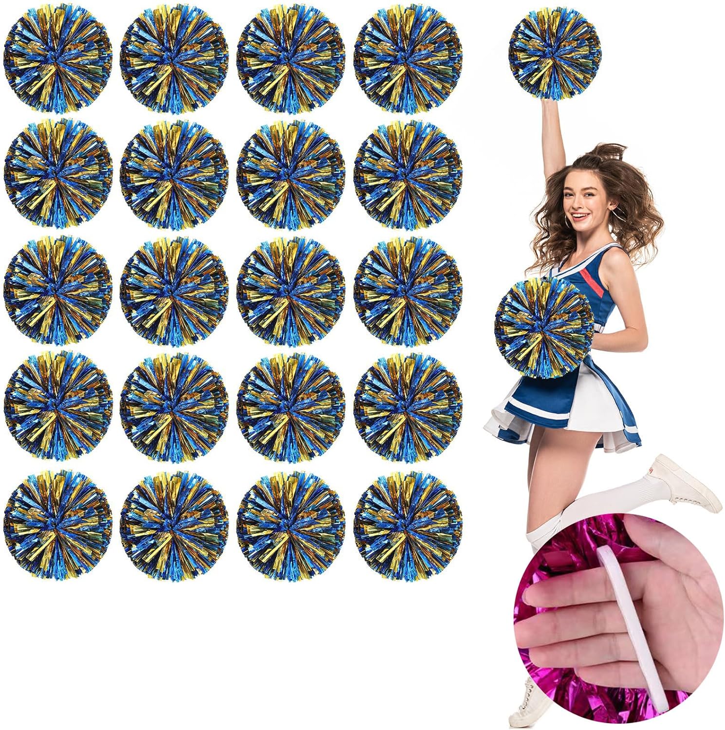 Cheerleader Pom Poms 20 Pack Sports Dance Cheering Plastic Metallic Cheerleading Pom Poms for Kids Adults (Blue+Gold)
