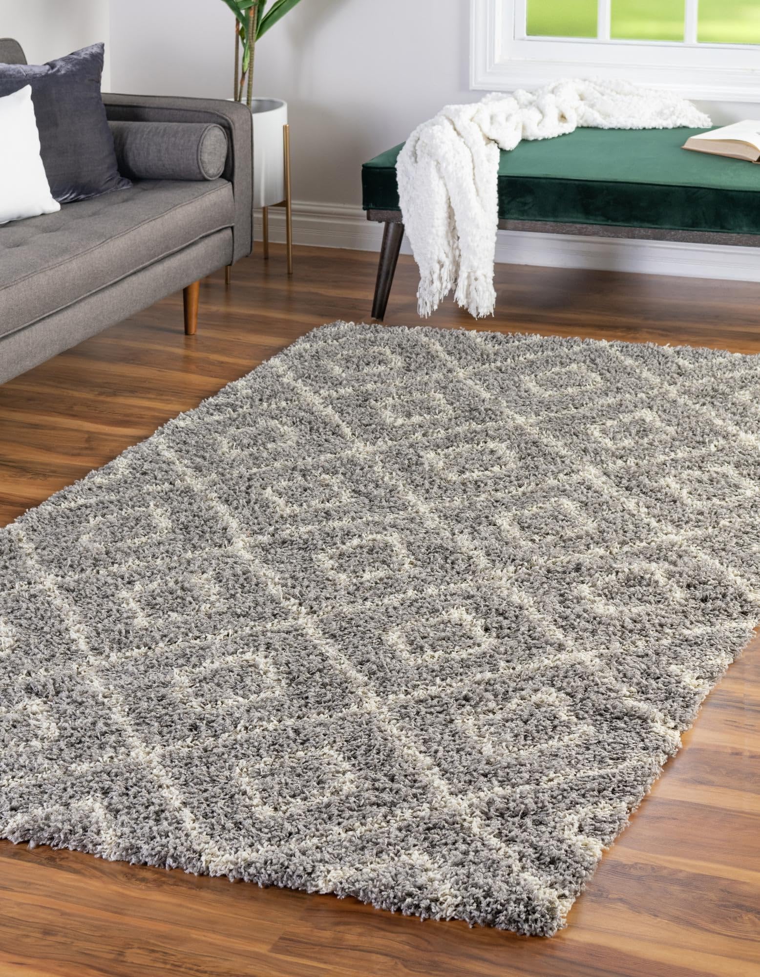 Rugs.com Lattice Shag Collection Rug – 10x14 Gray Shag-Pile Rug Perfect for Living Rooms, Large Dining Rooms, Open Floorplans