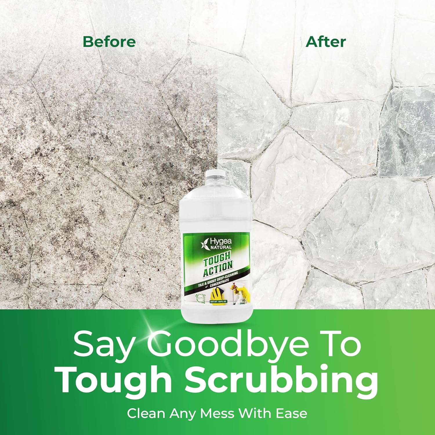 Hygea Natural Tough Action Tile  Grout Cleaner - Deep Cleans Dirt  Scum, Conditions  Enhances Stone Color - Acid-Free  Residue-Free Formula (Concentrated Gallon)