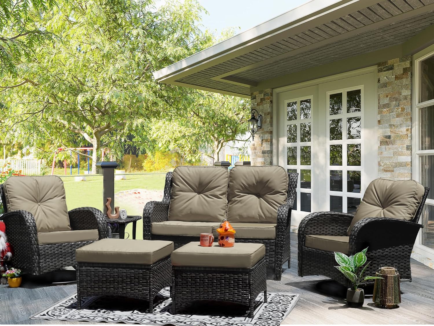 Patio Furniture Conversation Set with Ottomans, 6 Piece Wicker Patio Swivel Rocking Chairs with 360° Swivel Glider and Glass Coffee Table for Porch, Deck, Garden,Beige