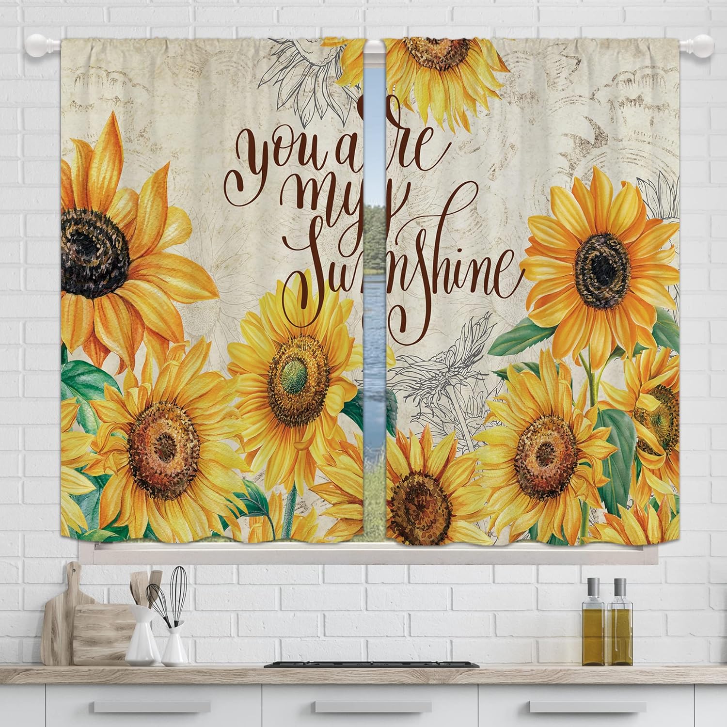 Yorida Rustic Sunflower Kitchen Curtains, Yellow Floral