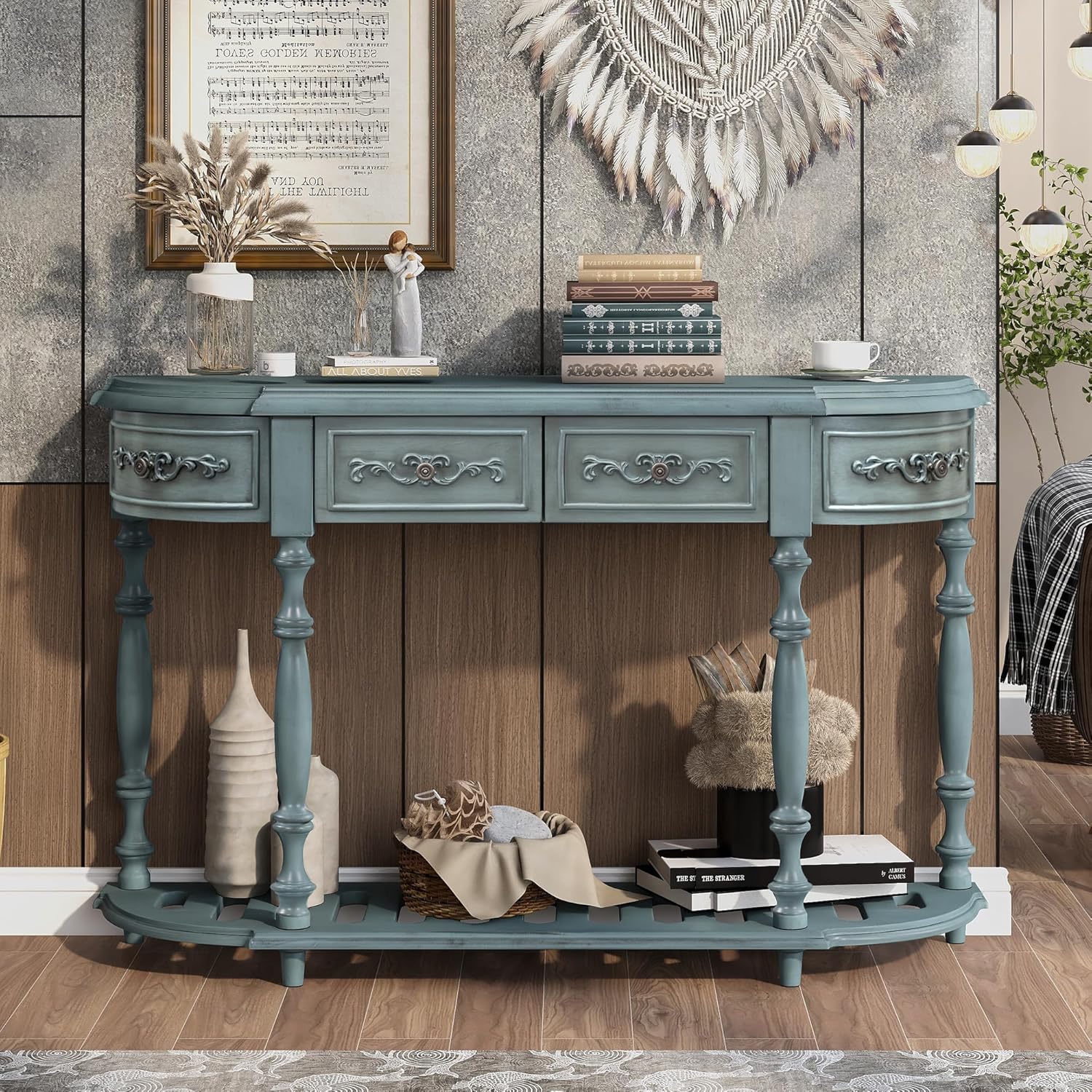 Merax Entryway Console Table with Storage, 4 Drawers/Retro Curved Design/Wood Frame/Behind Couch & Sofa, Blue