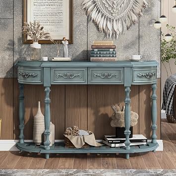 52 Modern and Contemporary Curved Console Table Sofa Table with 4 Drawers and 1 Shelf, Wooden Accent Cabinet Sideboard with Metal Handles for Hallway Living Room Bedroom Antique Blue-02