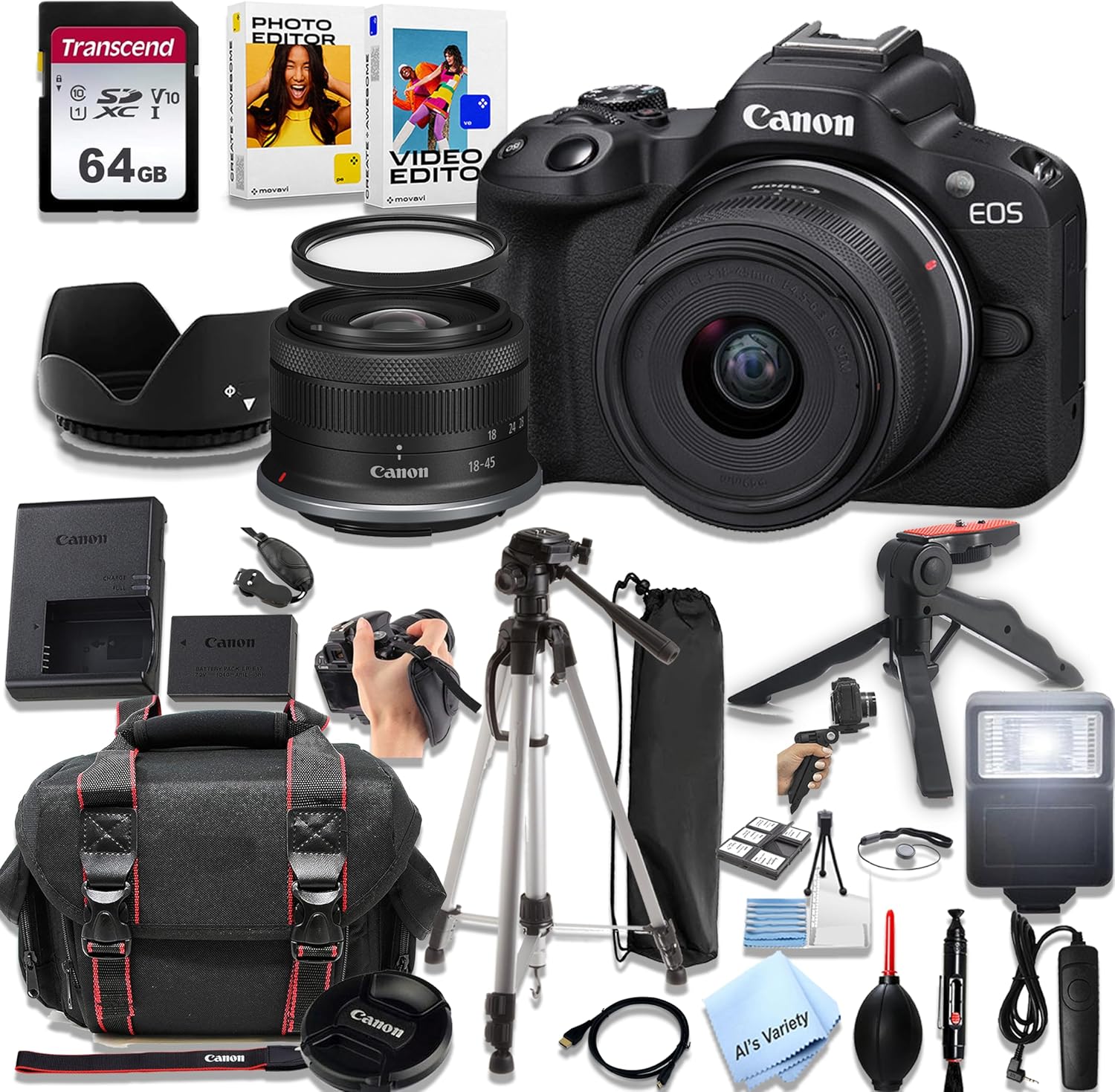 Canon EOS R50 Mirrorless Camera with 18-45mm Lens + 64GB Memory, Filters,Case, Tripod, Flash, and More (28pc Bundle) (Renewed)