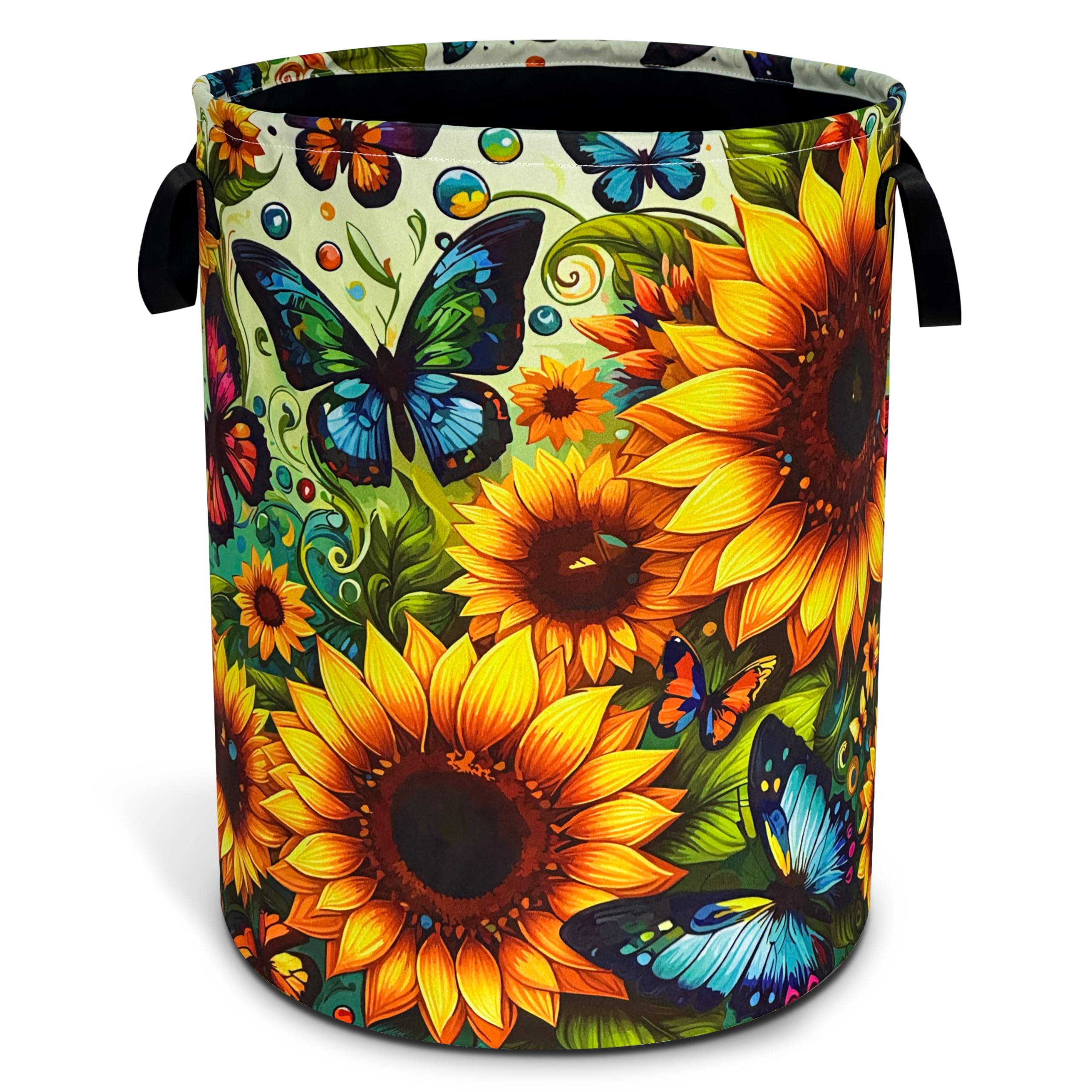 Butterfly Sunflower Laundry Basket Foldable Oxford Cloth 18.9 x 16.5 Inch