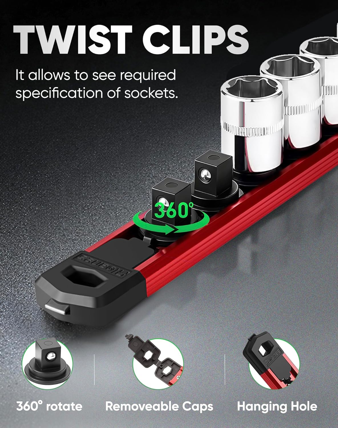 ALOANES Magnetic Socket Organizer Set, 6PC Heavy Duty Aluminum Socket Holder Organizer, 360° Swivel Clips Socket Holder Kit for Toolbox Drawer Fit 1/2, 3/8, 1/4-Inch x 80 Clips (Red, 6PC)