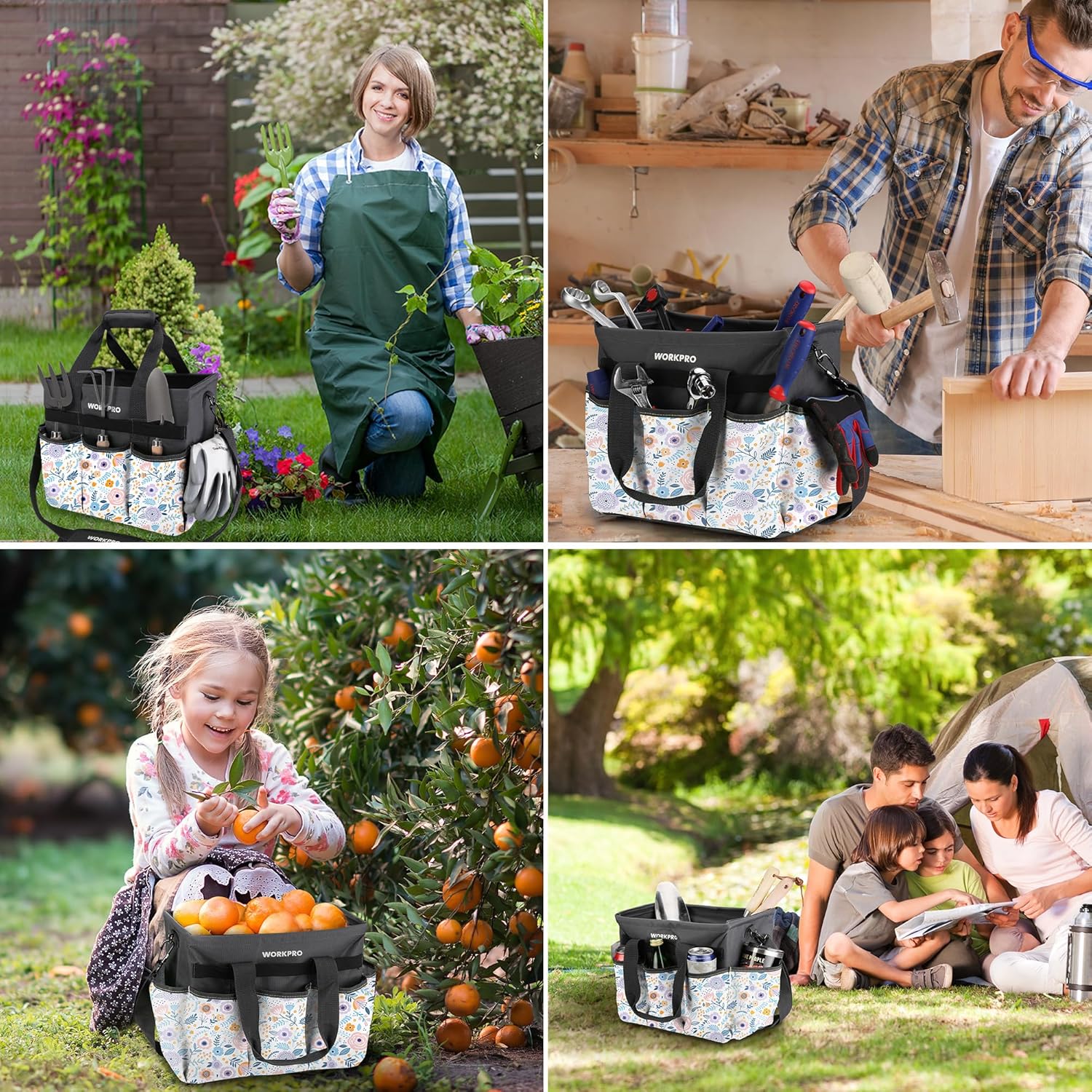 WORKPRO Garden Tool Bag, Heavy-Duty Gardening Tote Bag with 10 Pockets, Stand-Up Wide Mouth Tool Organizer, Adjustable Shoulder Strap, Large Capacity Storage – Floral White (Tools are not Included)