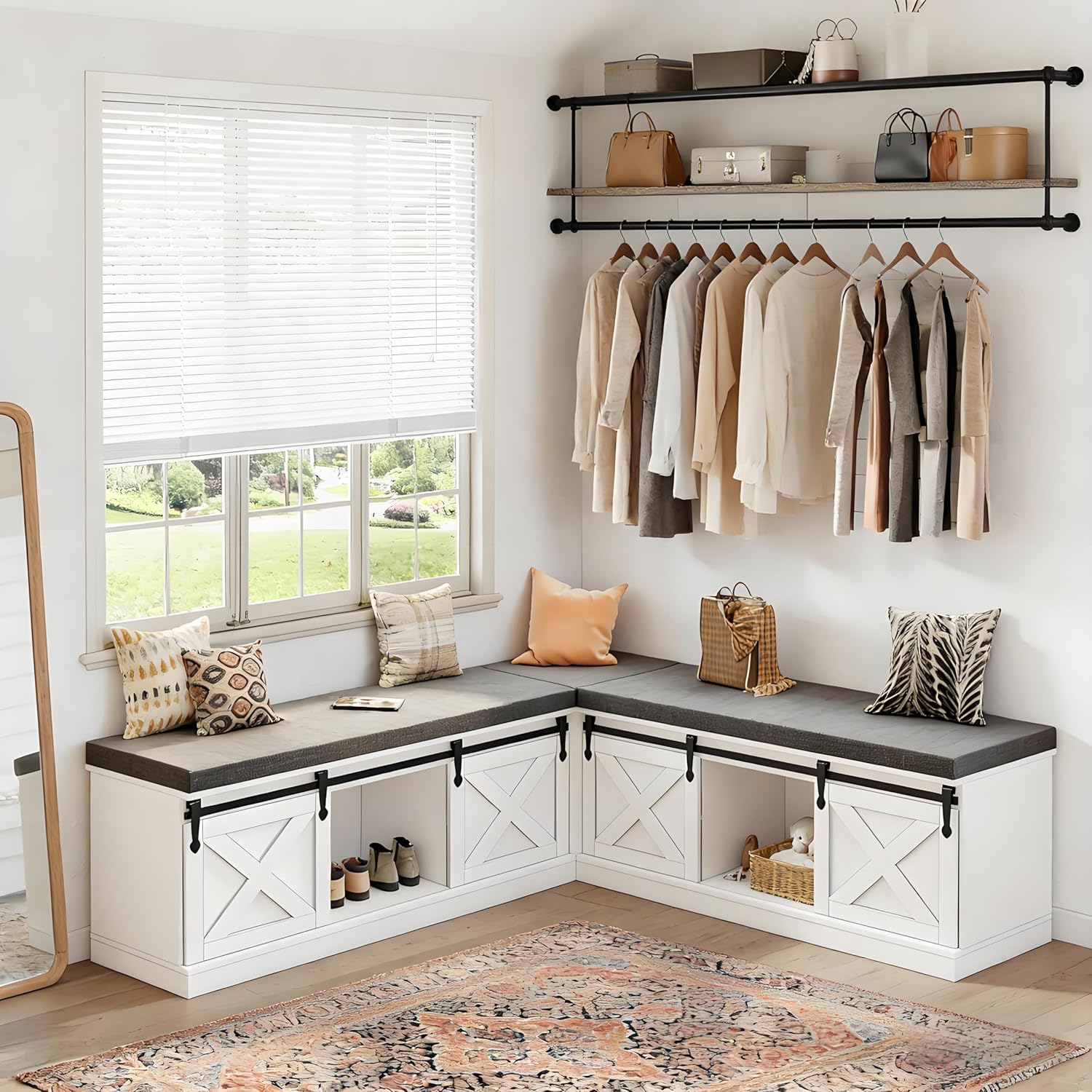 DalyLuxa Farmhouse L-Shaped Corner Shoe Storage Bench with Cushion, Sliding Barn Door & 63" Hidden Storage for Entryway Dining