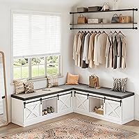 DalyLuxa Farmhouse L-Shaped Corner Shoe Storage Bench with Cushion, Sliding Barn Door & 63" Hidden Storage for Entryway Dining