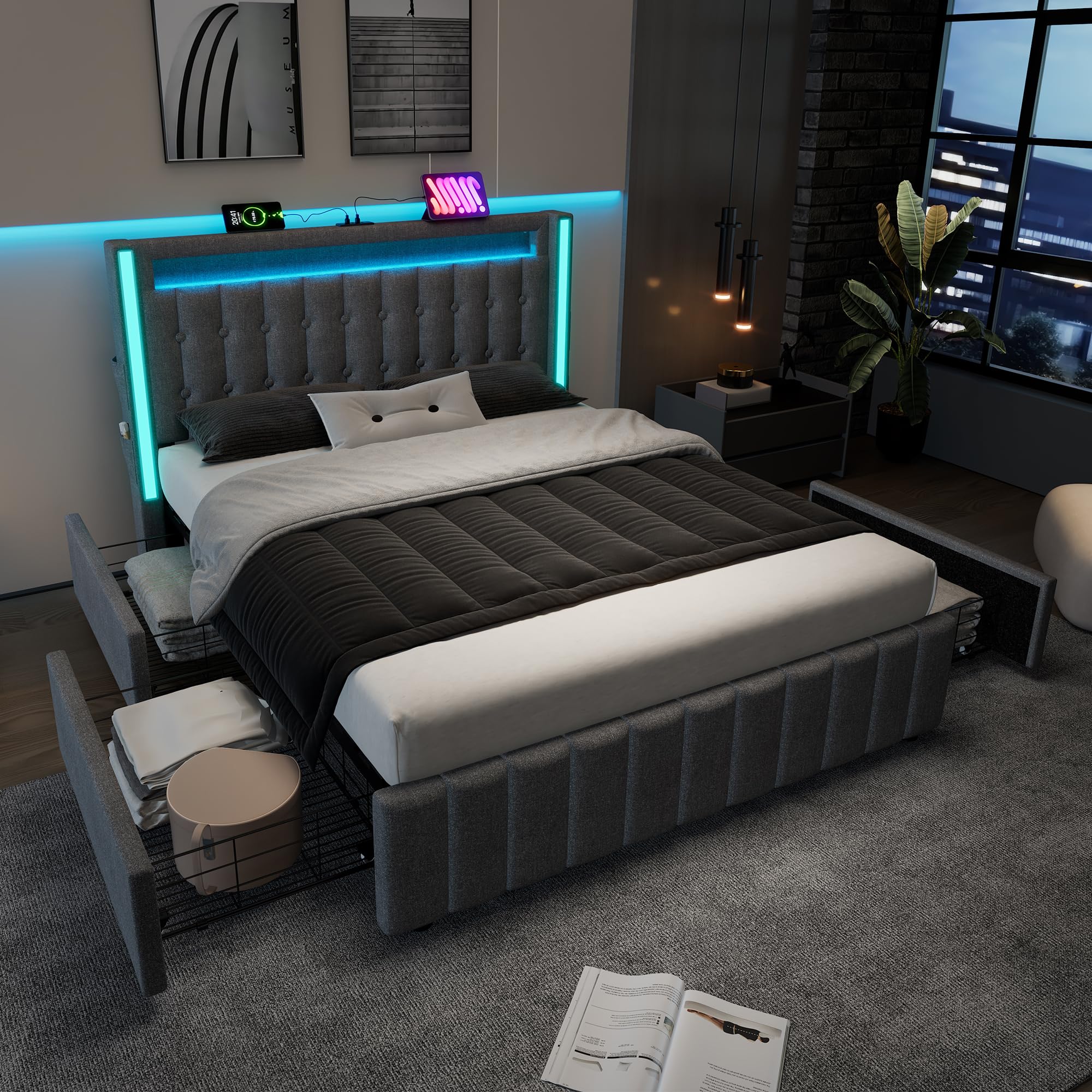 Rtopsu Letto Imbottito Letto Matrimoniale 140x200 cm con LED e USB Typ C Testata, Letti con 4 Cassetti, Struttura del Letti con Metallo e Rete a Doghe in Legno, Lino, Grigio, Senza Materasso