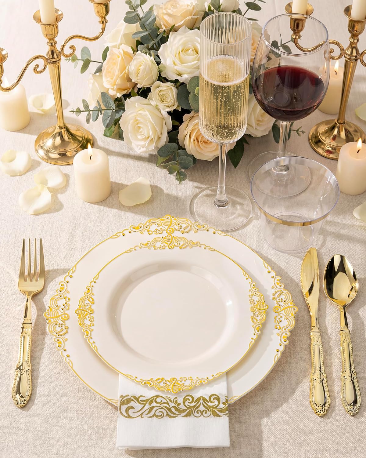Morejoy 350 PCS Lvory Plastic Plates - Lvory Gold Plastic Dinnerware Set Include 50Dinner Plates, 50Dessert Plates 150Cutlery, 50Cups, 50Napkin Perfect for Party & Wedding