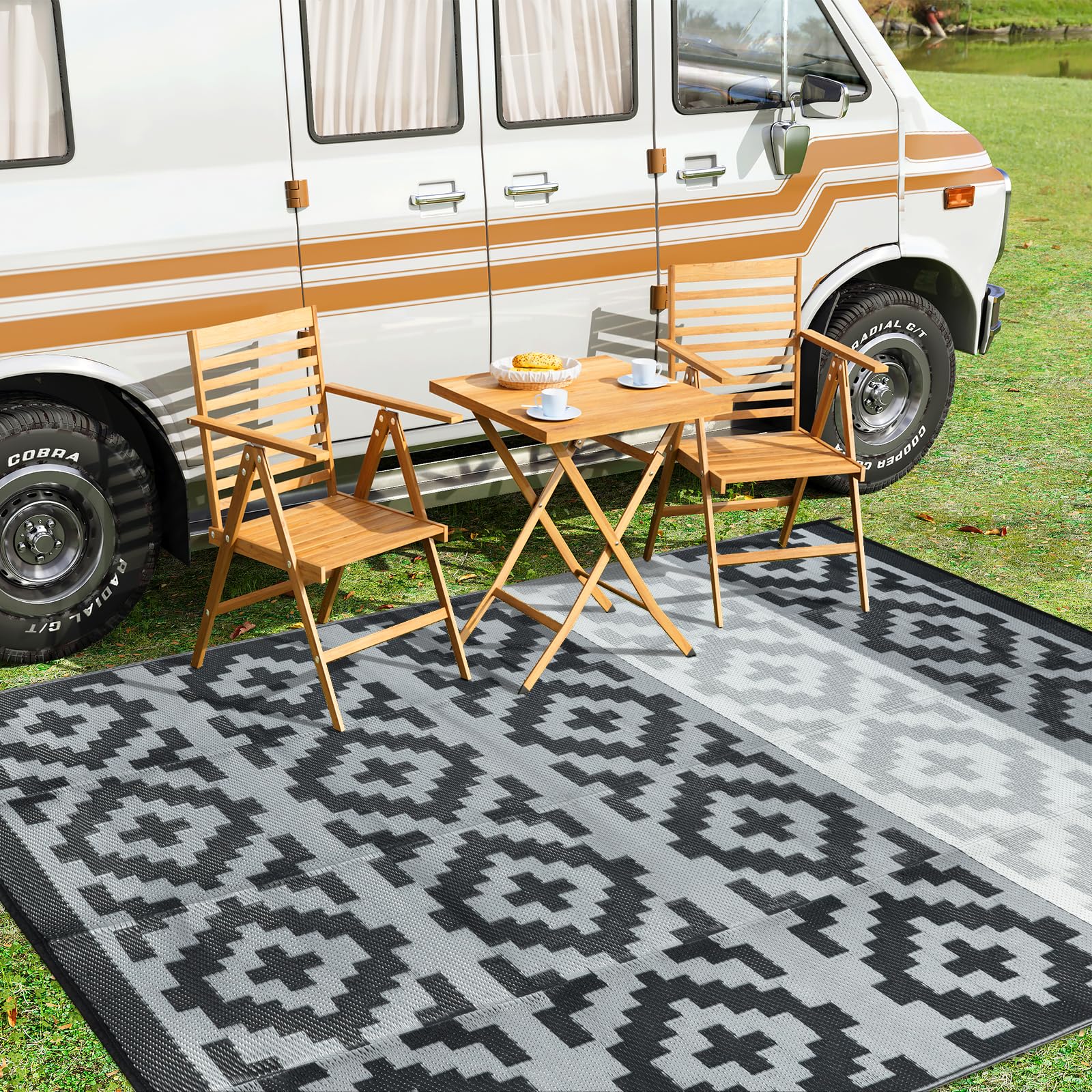 Anidaroel Patio Rugs Outdoor 8x10 Waterproof, Reversible Plastic Straw Outside Rug for Patio, Large Outdoor RV Camping Mat for Deck, Backyard, Picnic, Beach, Trailer (Black&Gray,8‘x10')