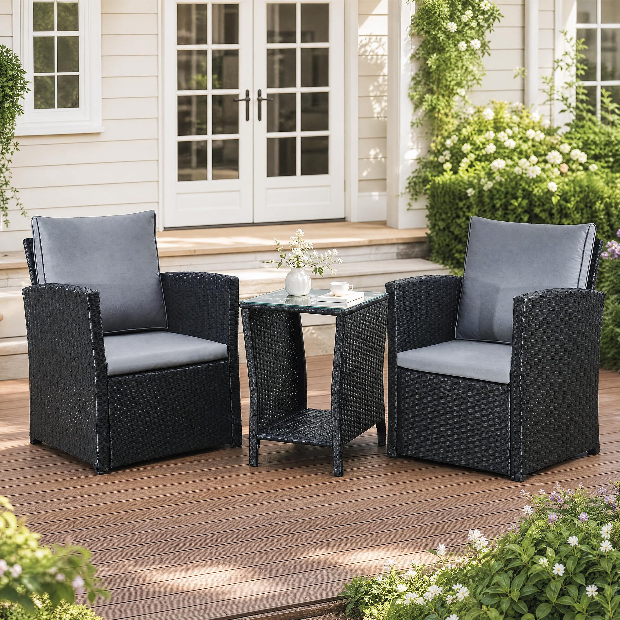 Yaangagpe Rattan Bistro Sets for 2 for Garden, 3-Piece PE Wicker Garden Furniture Set with 2-Tier Table & Thick Cushions, Outdoor Patio Sofa Set for Balcony, Conservatory, Backyard, Black