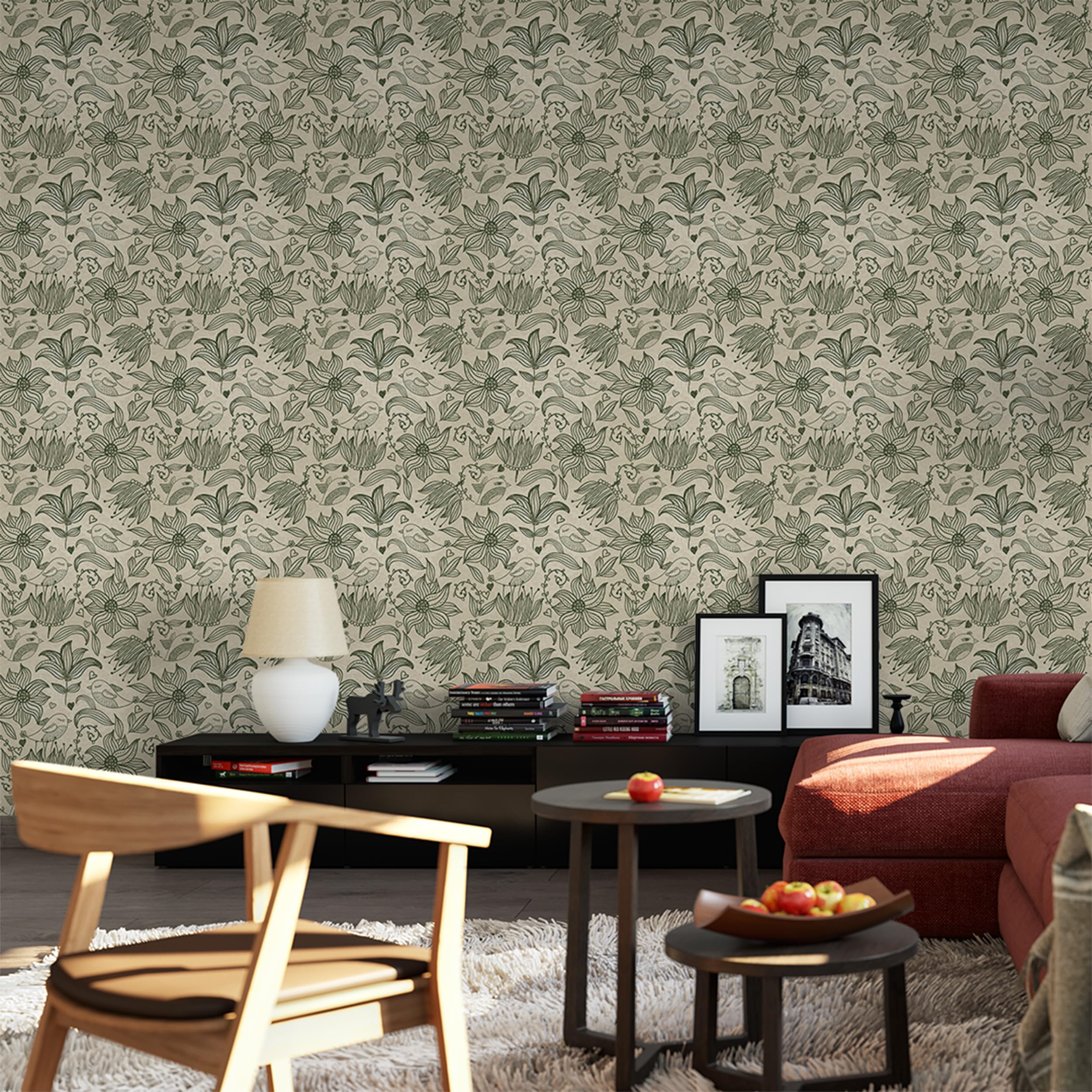 Tapeta samoprzylepna folia meblowa kwiaty ptaki wzór kwiatowy vintage | Tapeta z kwiatowym motywem ptaków w stylu vintage nowoczesny design motyw natury beżowo-zielony skandynawski do salonu