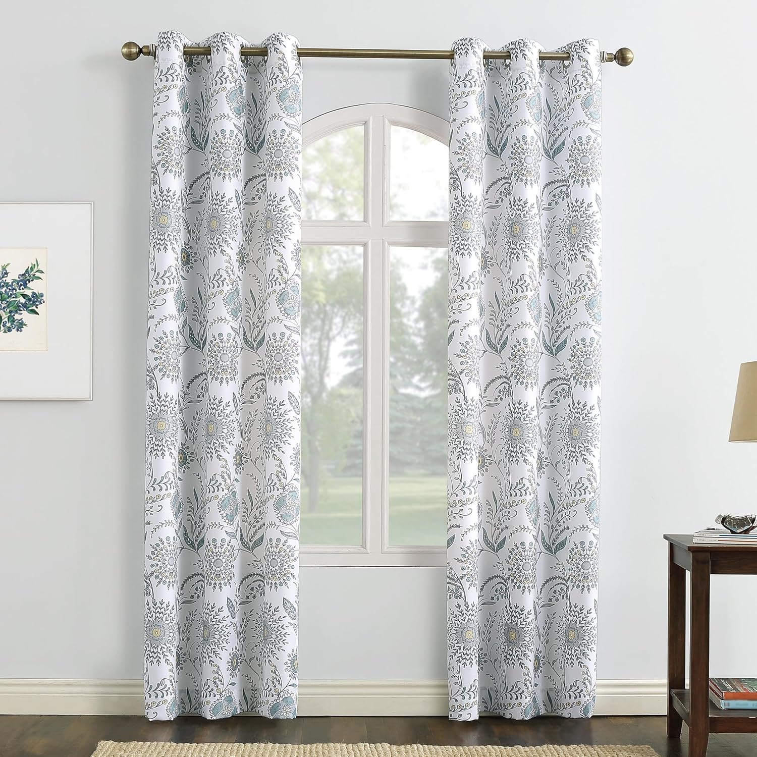 White Medallion Floral Light-Filtering Grommet Curtain Panel