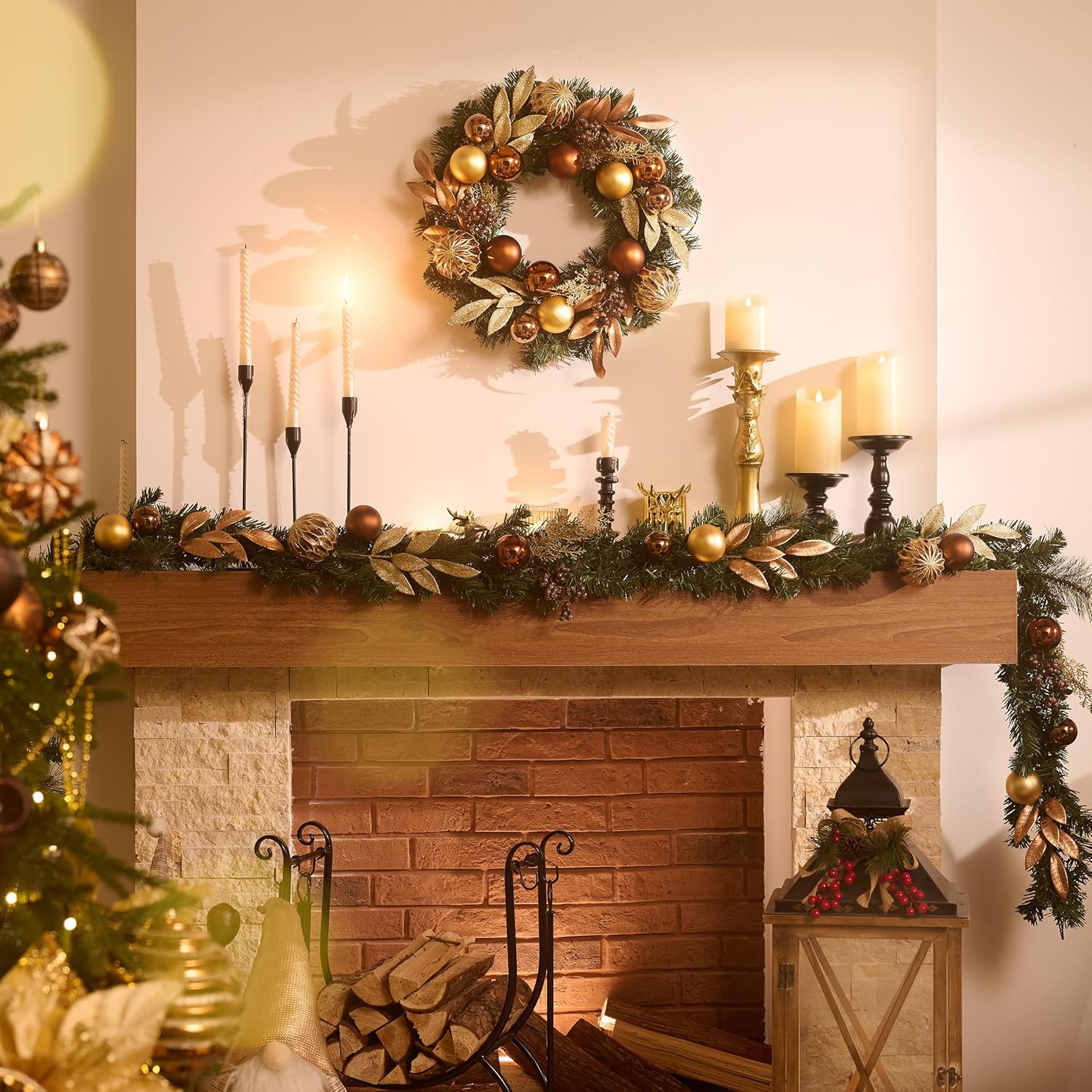 Valery Madelyn 20'' Pre-Lit Christmas Wreath for Front Door with Lights, Lighted Christmas Door Wreath with Bronze Copper Good Balls for Home Porch Fireplace Window Holiday Party Wall Decor