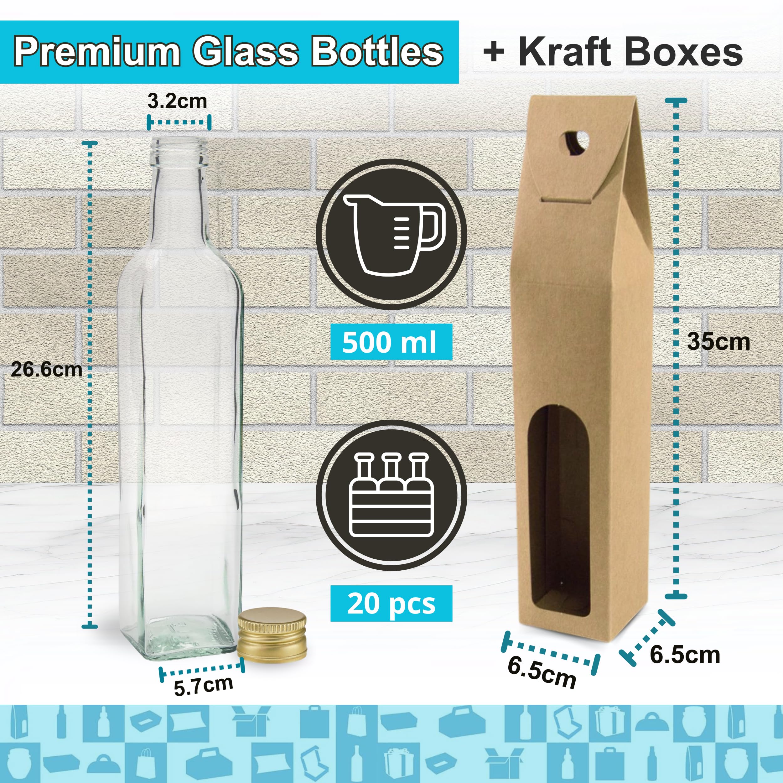 Espirito Rebelde 20 Botellas de Cristal 500ml con Tapón de Rosca Dorado + 20 Cajas - Aceite de Oliva, Vinagre, Alcohol, Salsas - Aceitera de Cristal