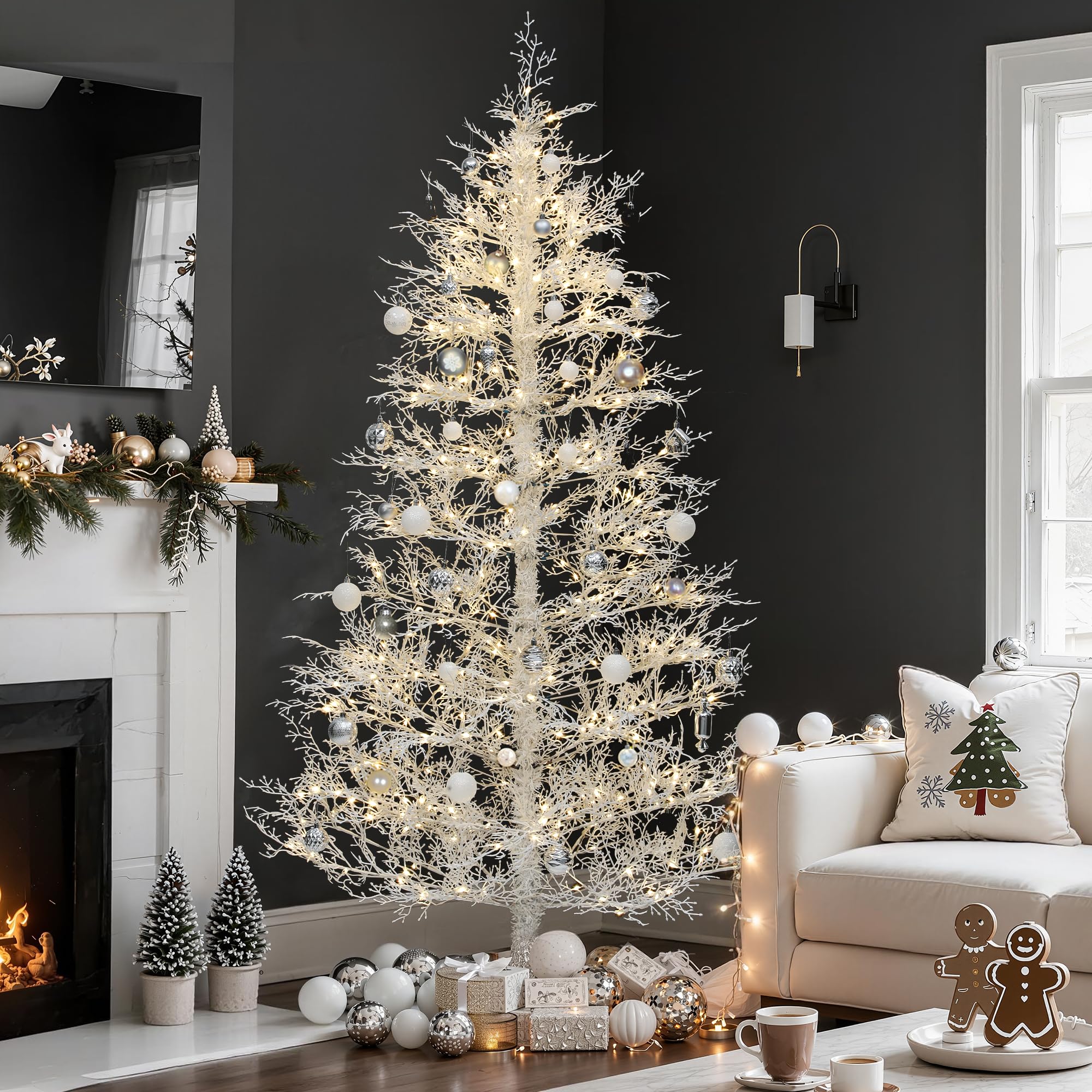 YITAHOME Sapin de Noël Artificiel Blanc de 1,8 m avec télécommande, Technologie de charnière, 300 lumières interchangeables Blanc Chaud et Multicolore, 550 Pointes en polyéthylène pour Noël