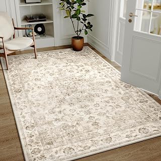 HUGEAR Vintage Teppich Wohnzimmer 140x200cm Beige Waschbar | Waschbarer Retro Teppich,Weich,Rutschfest Kurzflor,Groß,für Wohnzimmer,Schlafzimmer, Esszimmer,Büro,Carpet,Teppiche
