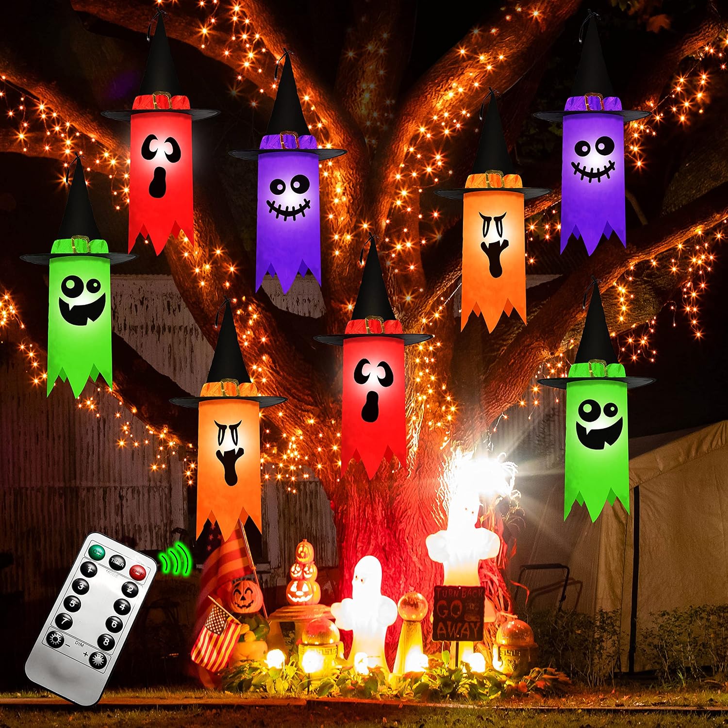 JOYIN 8 Pack 24" Halloween Light up Hanging Ghost with Remote Control, Halloween Light up Hanging Ghost Prop Decoration with Witch Black Hat for Halloween Trees, Patio, Bedroom, House Decorations