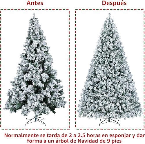 Vista 5 de Yaheetech - Árbol artificial de Navidad con luces incandescentes de color blanco cálido, con flecos nevados, 2084 ramas, 900 luces y soporte Verde