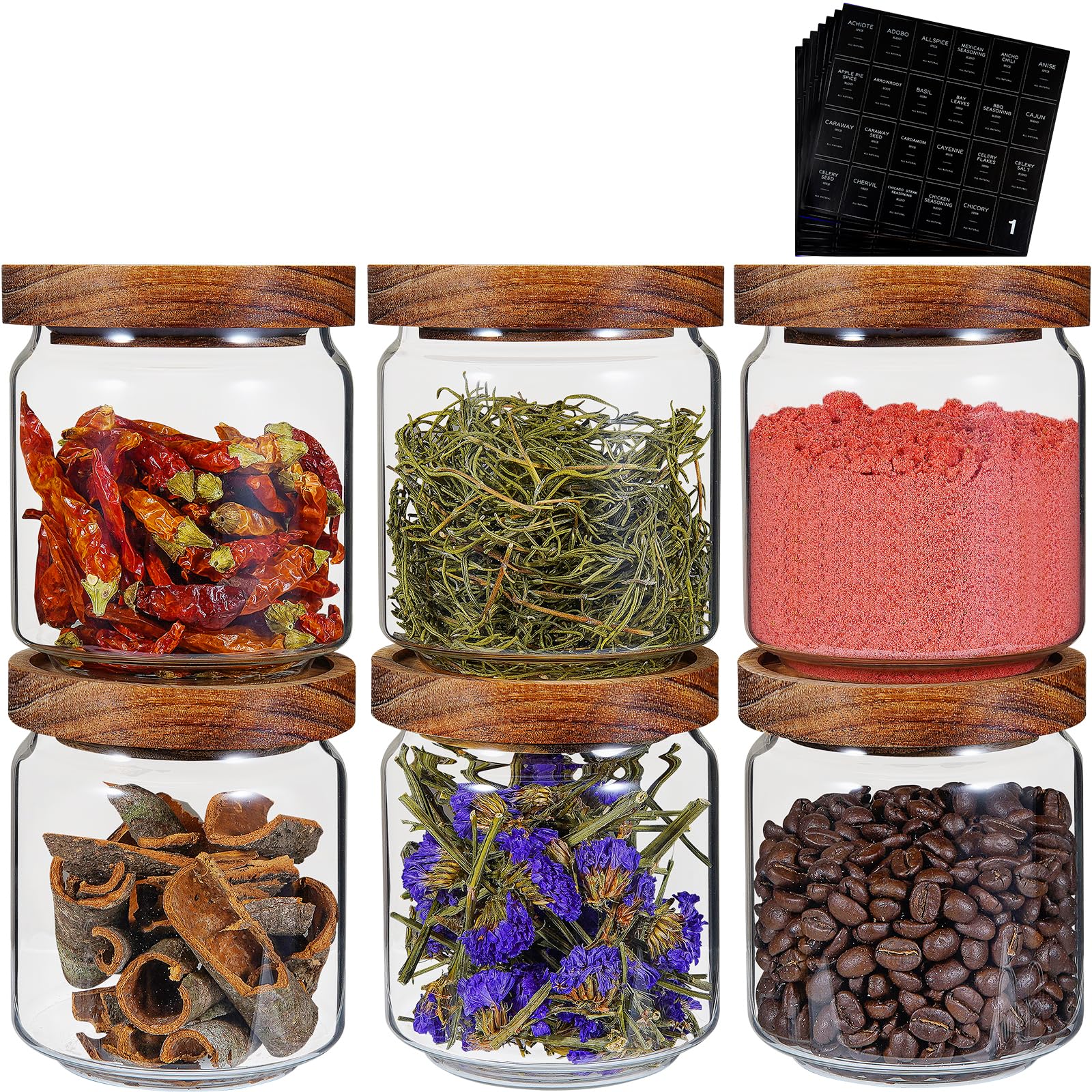 Kleine Glasdosen mit Etiketten, Gewürzdose, rund, mit Holzdeckel, klares Glas, Lebensmittelglas für Speisekammer, Zucker, Tee, Kaffee, Bohnen, Gewürze, Nüsse, Kekse, Badesalz (6 x 420 ml)