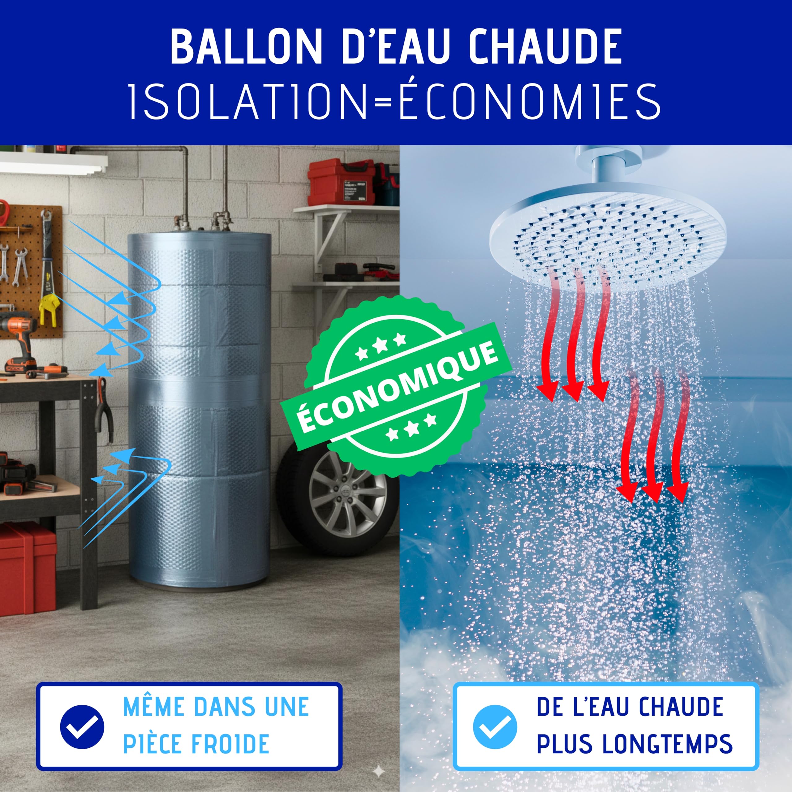 ISOLANT BALLON EAU CHAUDE | Housse pour ballon d’eau chaude jusqu’à 300L | Isolation thermique 4 couches premium | Auto-Adhésive Installation rapide | Avec Ruban isolant