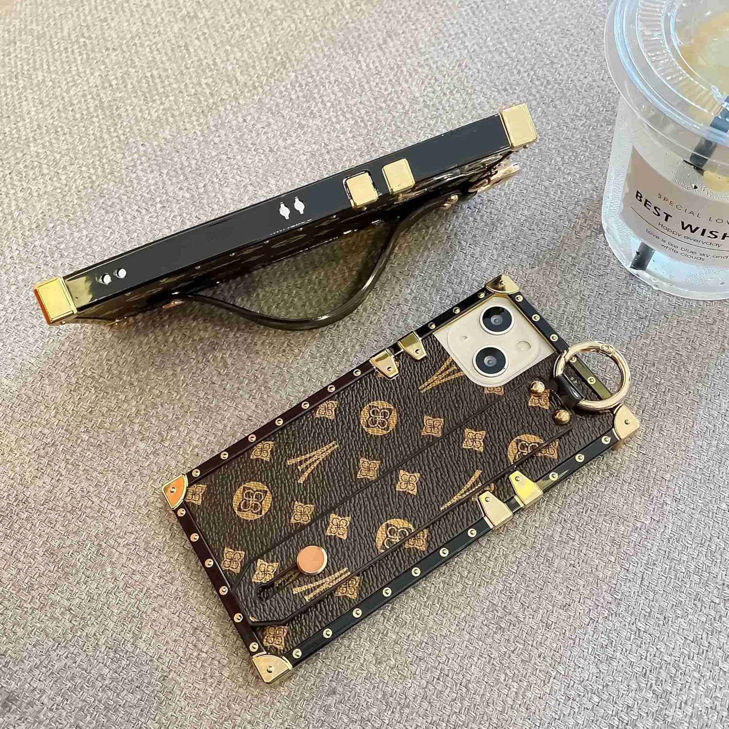 Rectangle Leather Compatible with iPhone 14 Pro Max Case with Wristband Strap, Luxury Designer Phone Case for Women Girls, Hand Holder Kickstand Protective Bumper Cover 6.7” (Brown) - Image 4