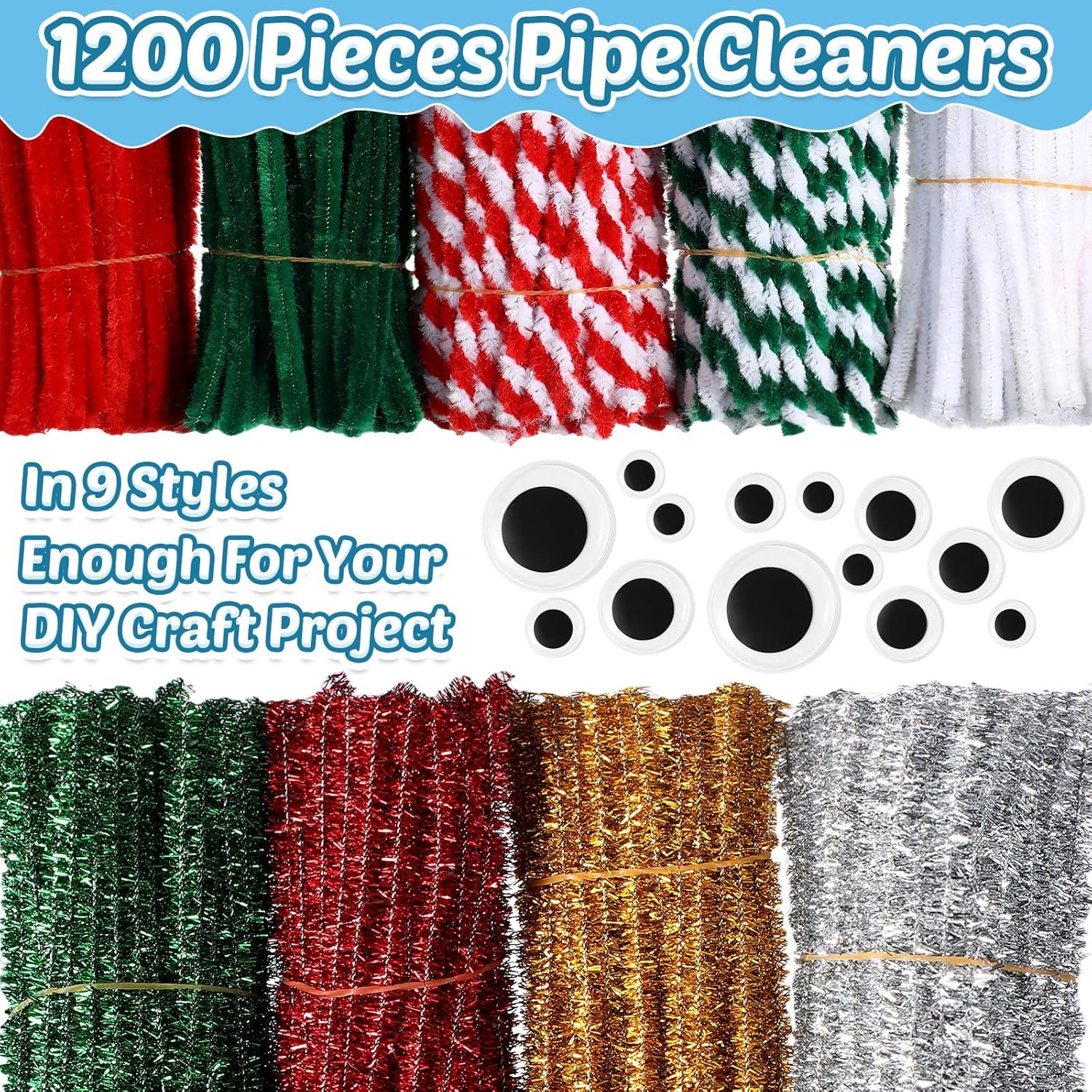 Jenaai 700 Pcs Christmas Colors Pipe Cleaners Craft Supplies 1200 Pipe Cleaners Bulk Chenille Stems for DIY 100 Adhesive Wiggle Eye Art Craft Supplies Decoration(Rainbow Color)