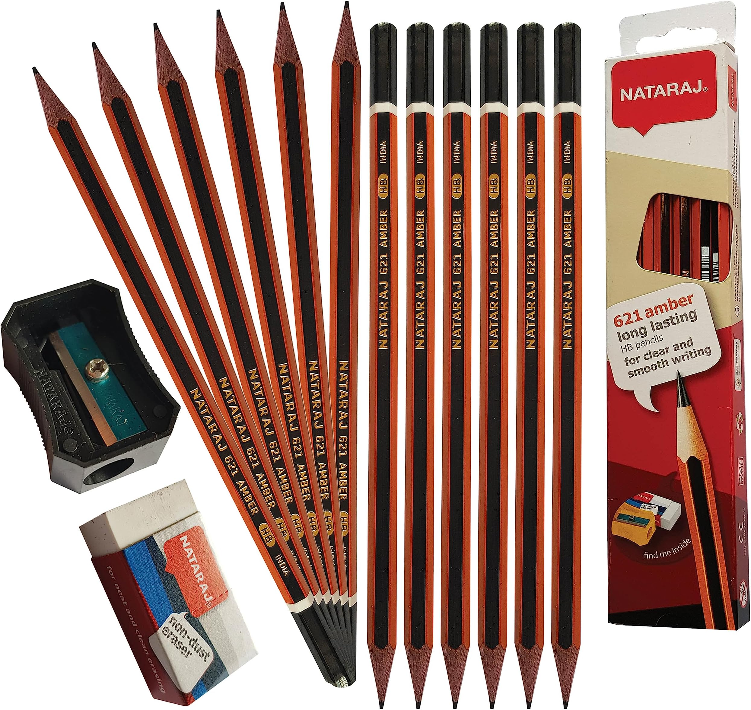Nataraj - Pack of 12 Amber 621 HB Pencils for Clear and Smooth Writing with Eraser and Sharpener