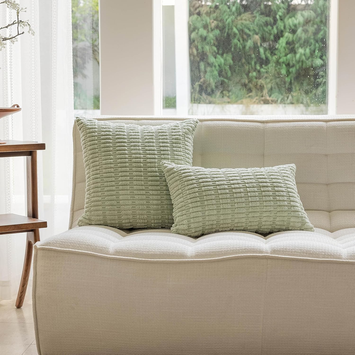 Home Brilliant Square Sage Green Spring Pillow Covers 18x18 Soft Striped Corduroy Solid Plush Throw Pillows for Couch Sofa Bench Living Room Decor, Set of 2, 18 x 18 inch, Light Green - Image 4