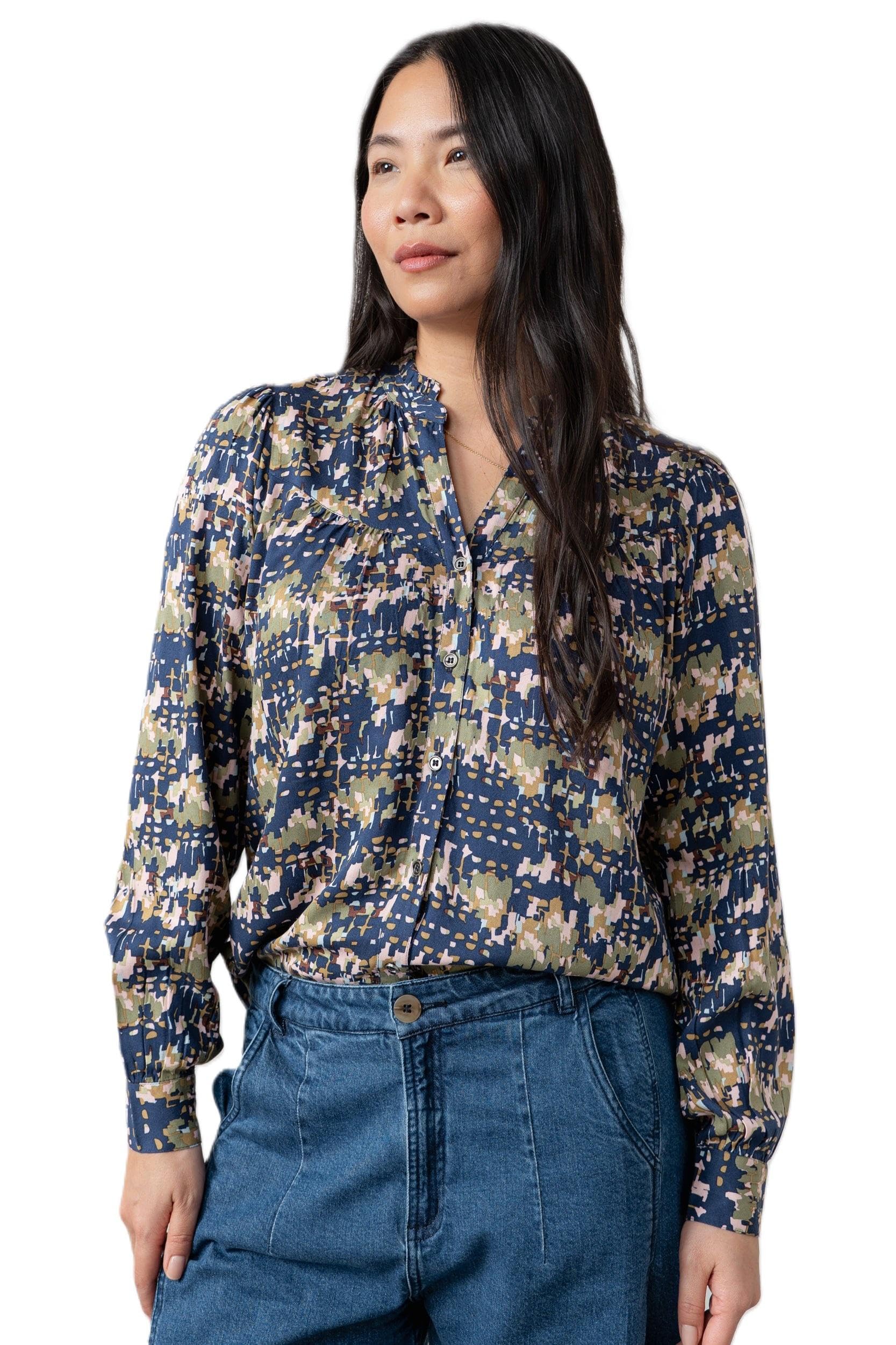 Lily & Me Wayfaring Frill Neck Blouse - Navy - Size 20