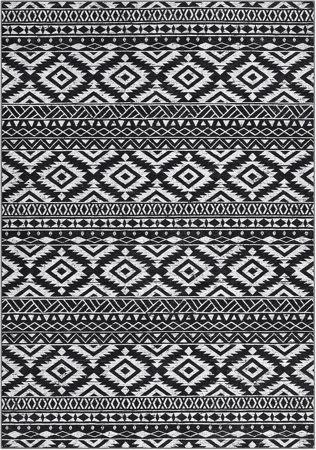 GarveeHome 9x12 Area Rug Vintage Washable Living Room Rug Boho Distressed Accent Carpet Ultra-Soft Non Slip Floor Cover Indoor Low Pile Non-Shedding Foldable Thin Rug for Bedroom Nursery Dorm Black