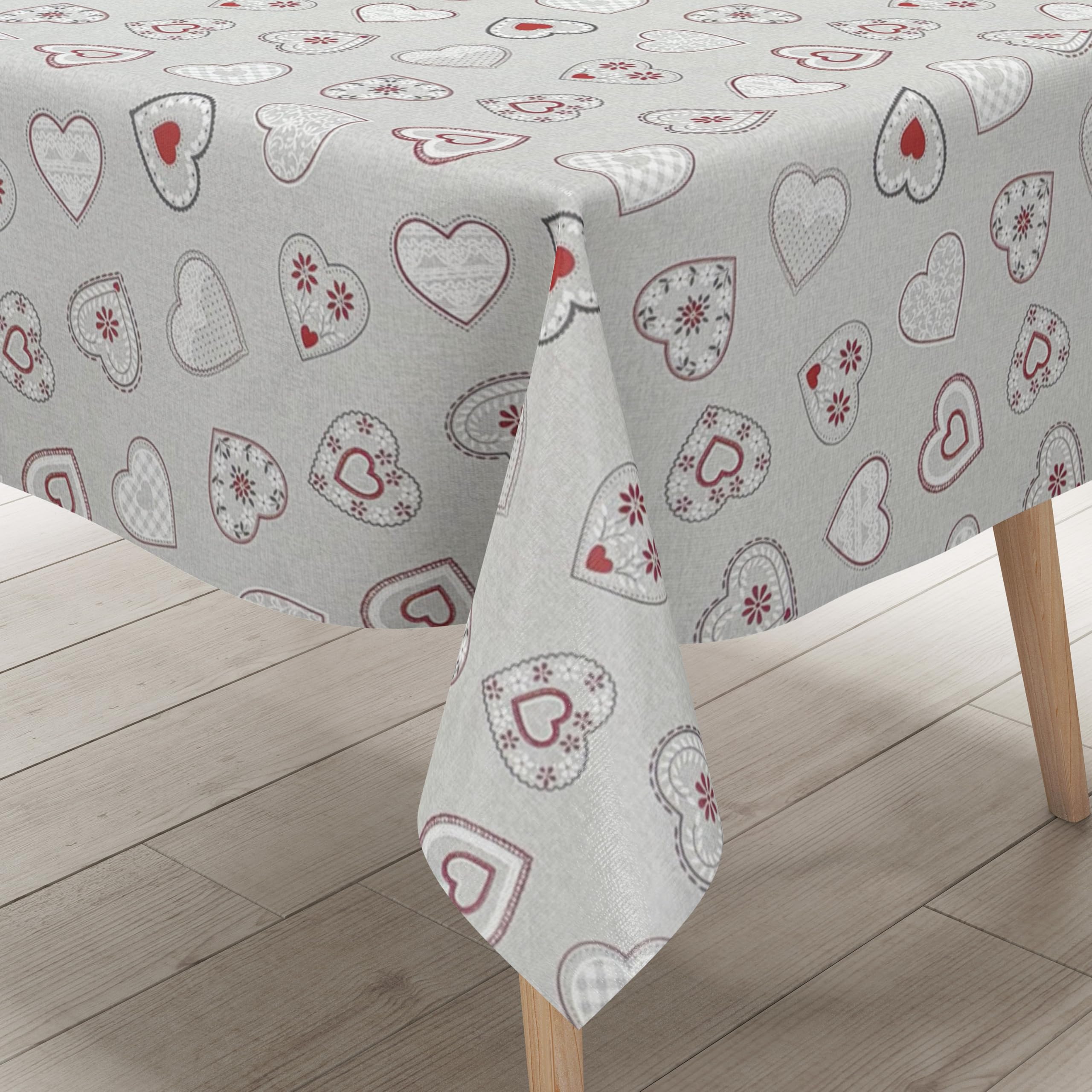 Toile cirée KEVKUS nappe grise chinée à cœurs gaufrée sans plis forme au choix