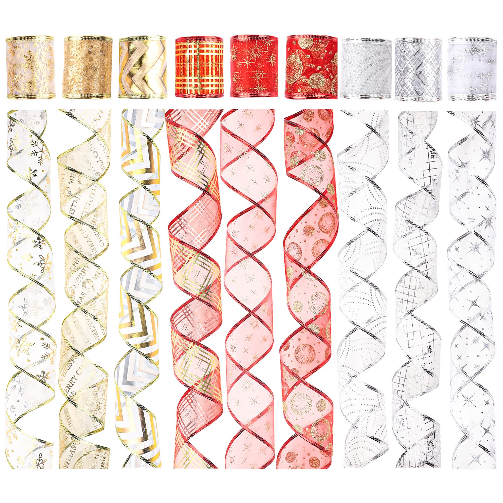 9 Rolls Christmas Organza Ribbon 2.5 Inch Sheer Organza Ribbon Gold