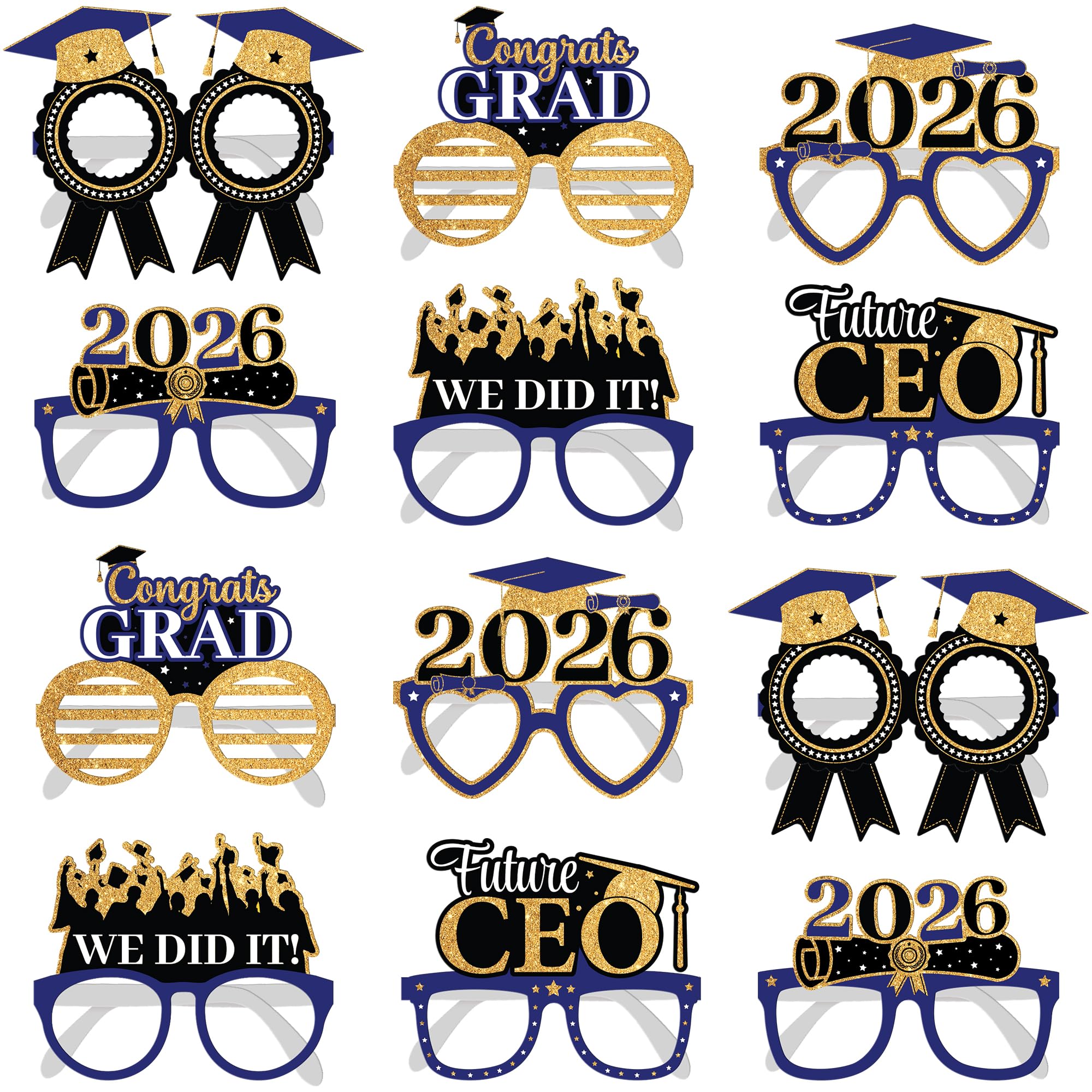 KatchOn, Blue and Gold Graduation Glasses - Pack of 12 | Glitter Graduation Photo Props for Graduation Decorations 2026 | Grad Photo Props for