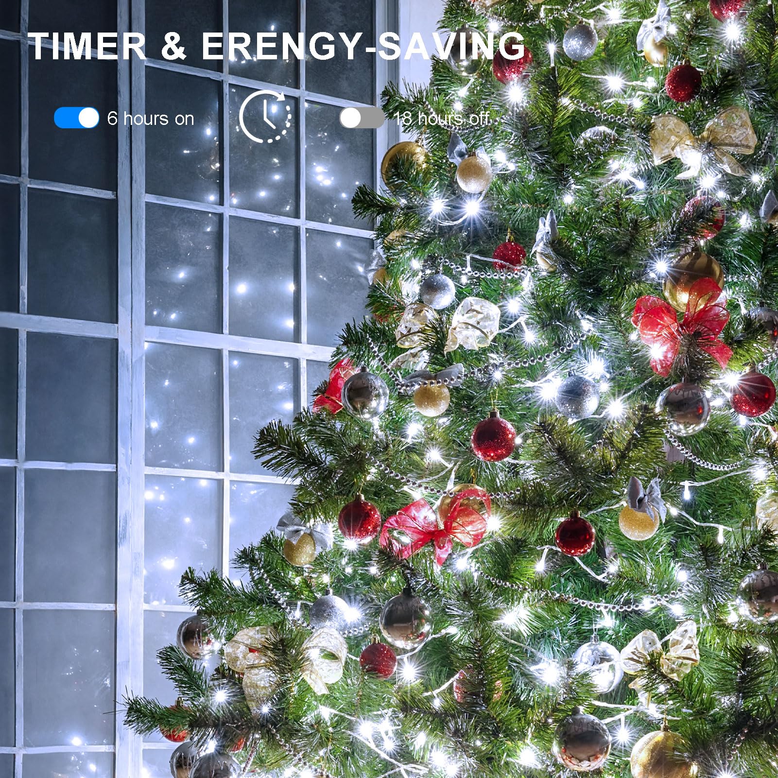 Paquete de 4 luces de cadena para exteriores que funcionan con pilas, cable verde oscuro de 5 m, 50 LED con temporizador remoto, luces centelleantes para la habitación de Navidad (blanco frío)