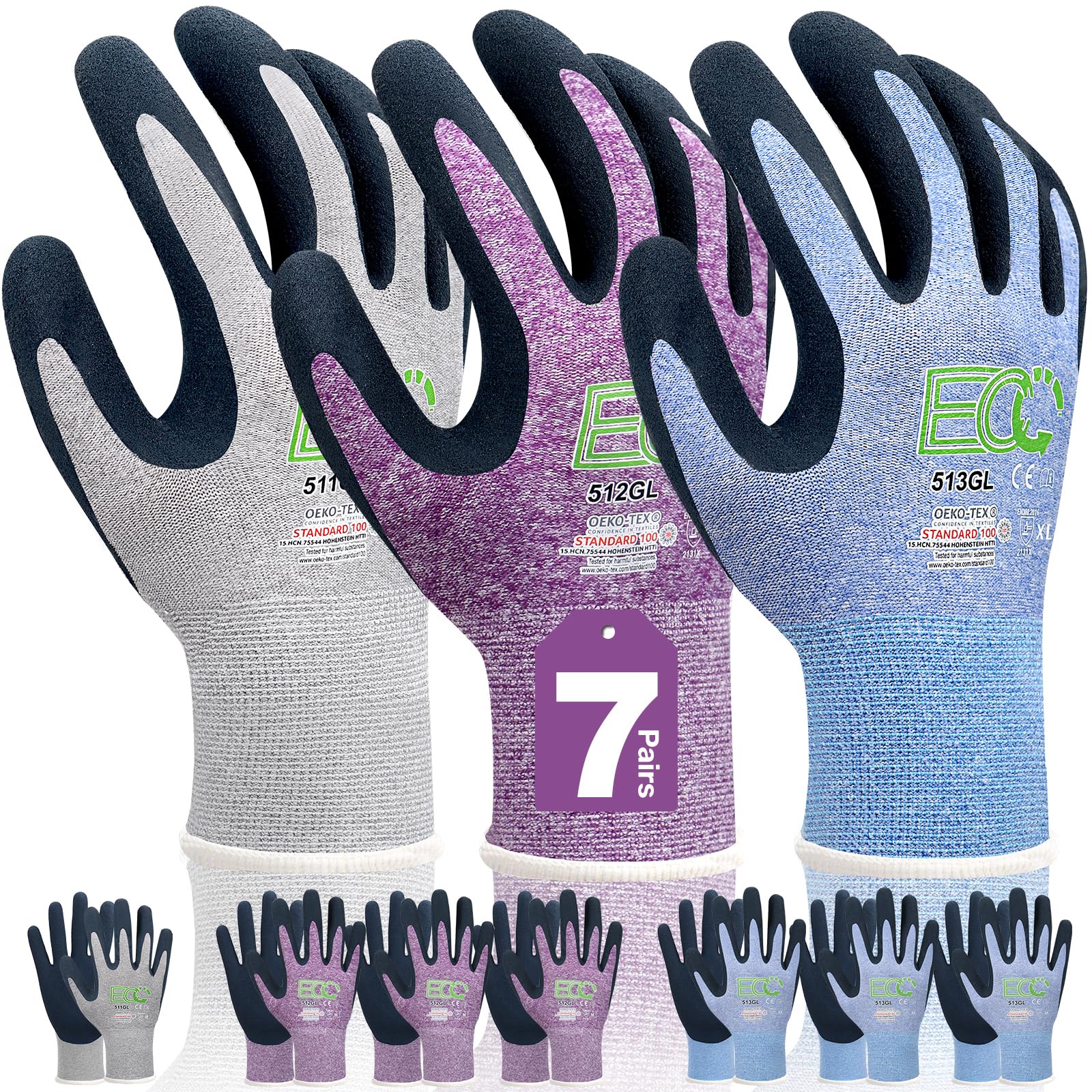 7 pares de guantes de jardinería para mujer con revestimiento de microespuma, EN388 2131X texturizado agarre guantes de trabajo para jardinería y uso general, 3 morados + 3 azul + 1 gris