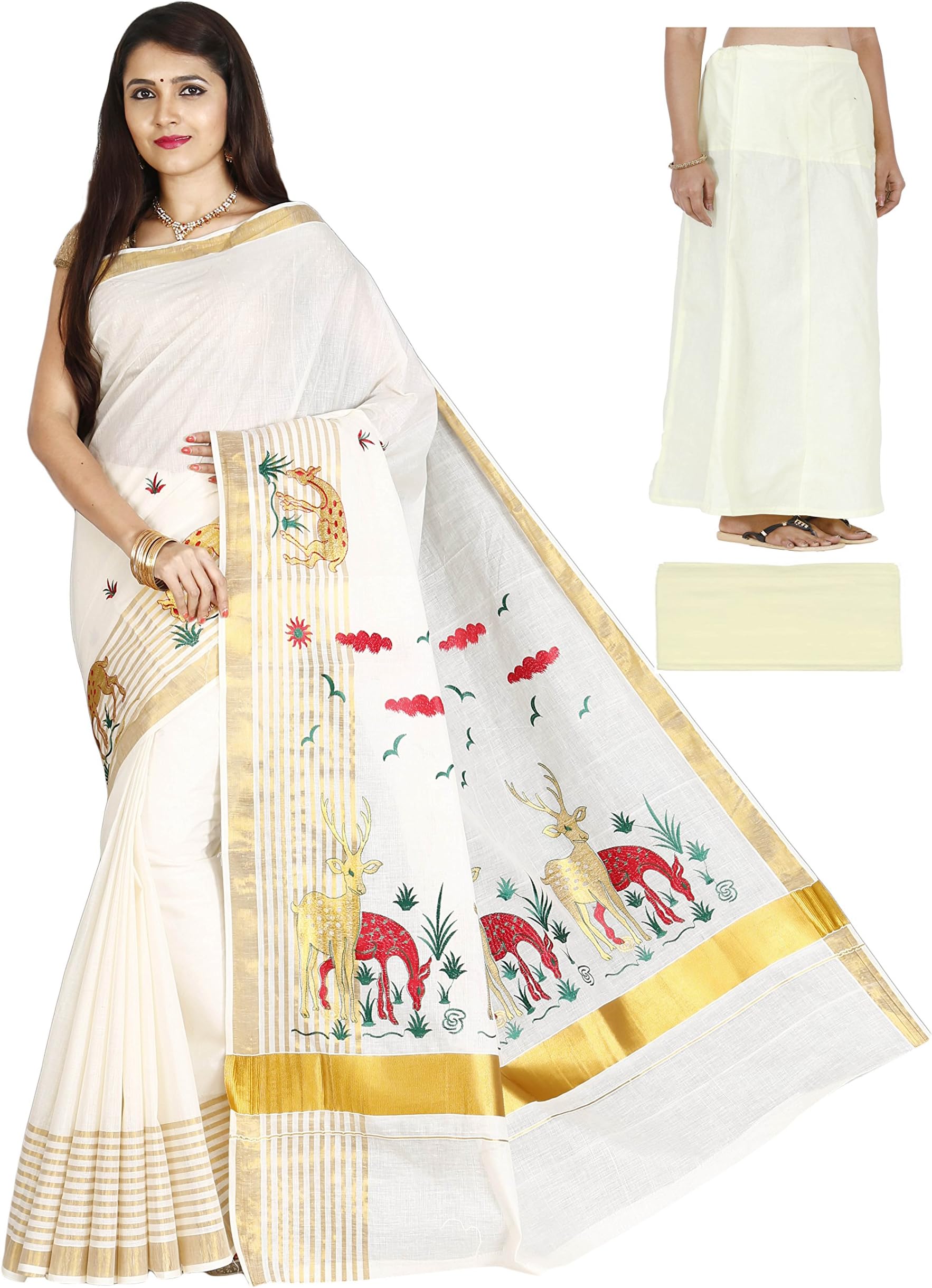 JISB Women's Kerala Cotton blend Deer Embroidered Saree with running blouse material, peticoat and falls