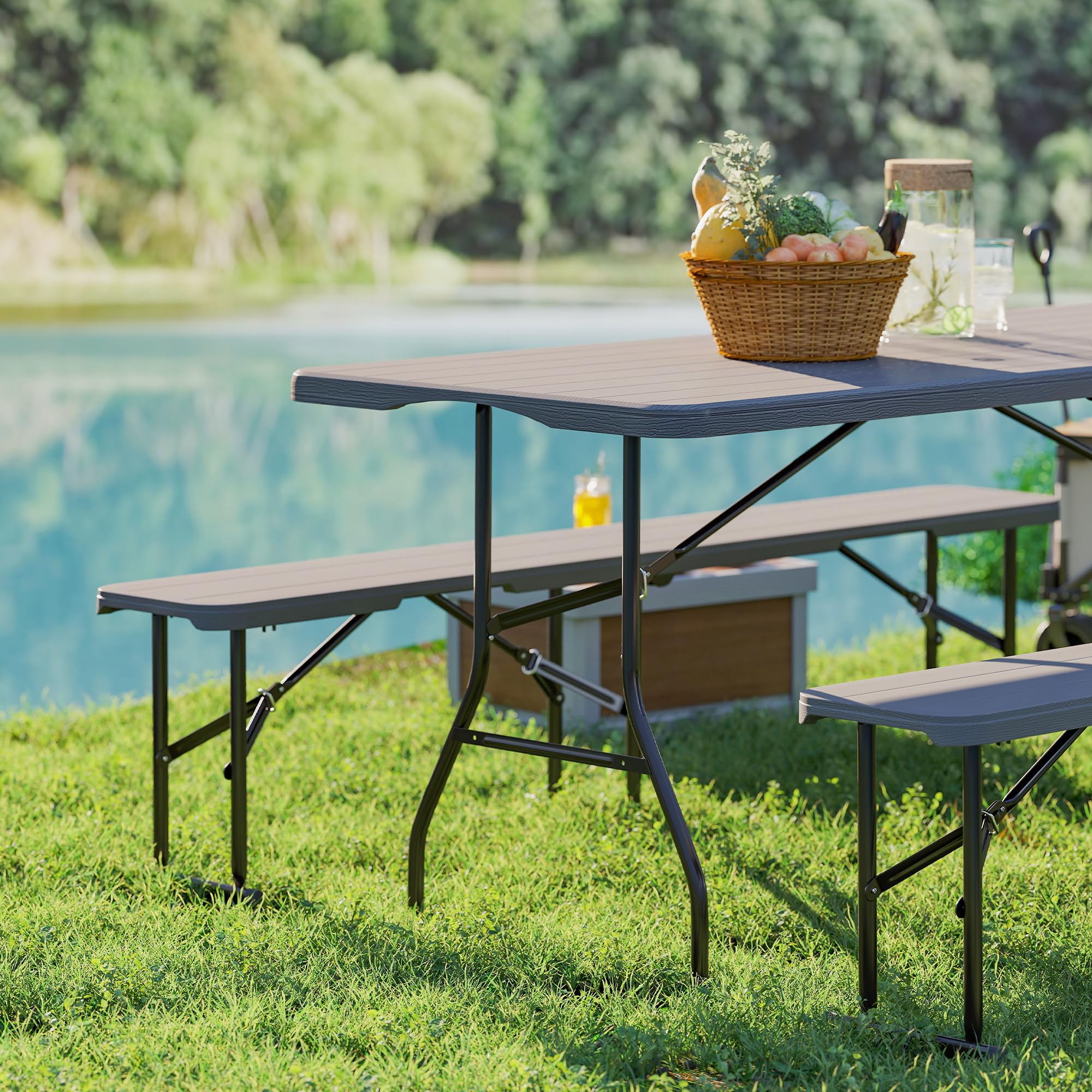 Outsunny Conjunto de Camping Plegable de 3 Piezas Mesa Plegable Camping con Bancos Incluye 1 Mesa 180x74x74 cm y 2 Bancos Efecto Madera Impermeable para Acampadas Jardín Pícnic Marrón