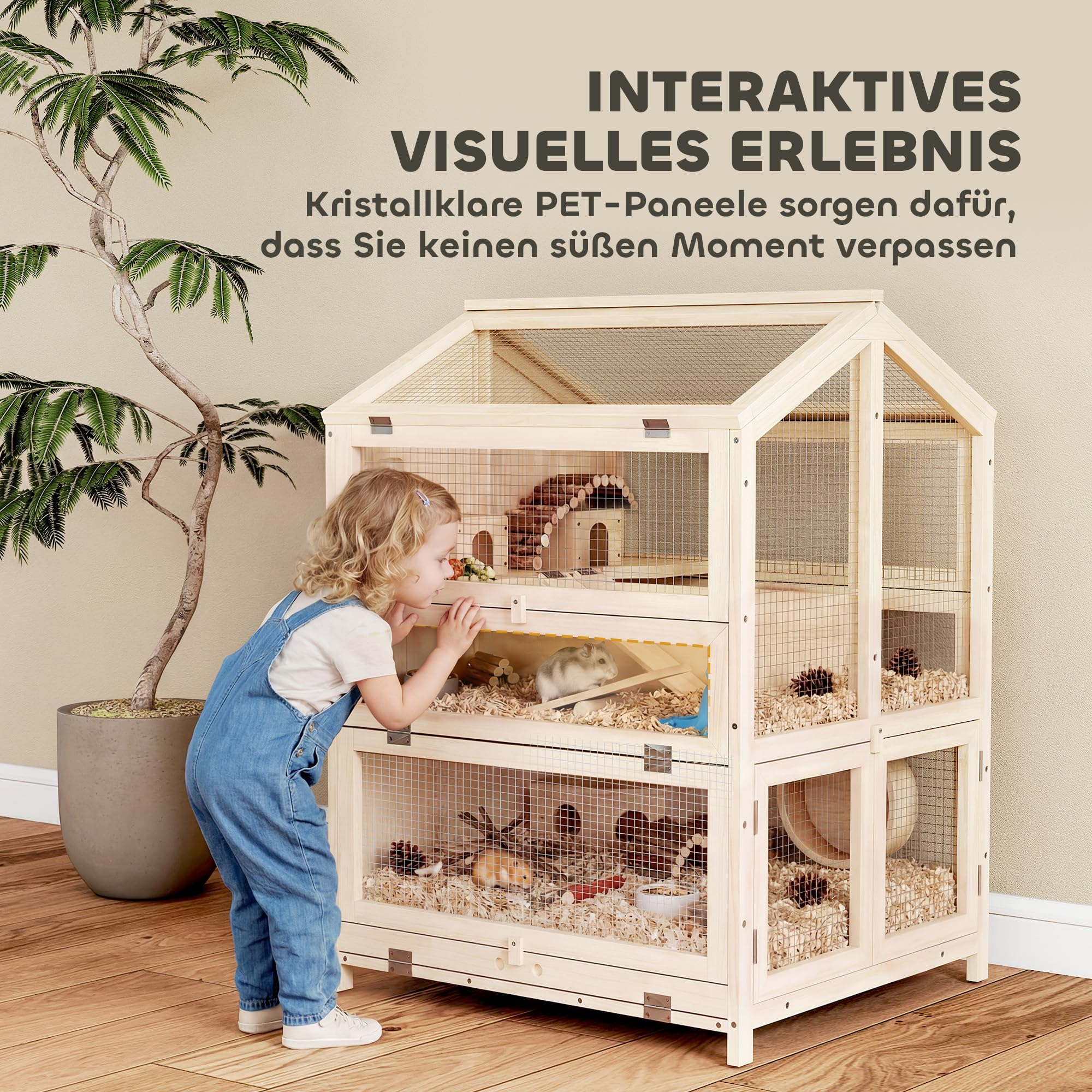 PawHut Klatka dla chomika 3 piętra dla małych 68x61,5x90 cm naturalne | Klatka dla gryzoni, klatka dla małych zwierząt, z domkami, huśtawkami, rampami, miskami na wodę, klatka dla myszy