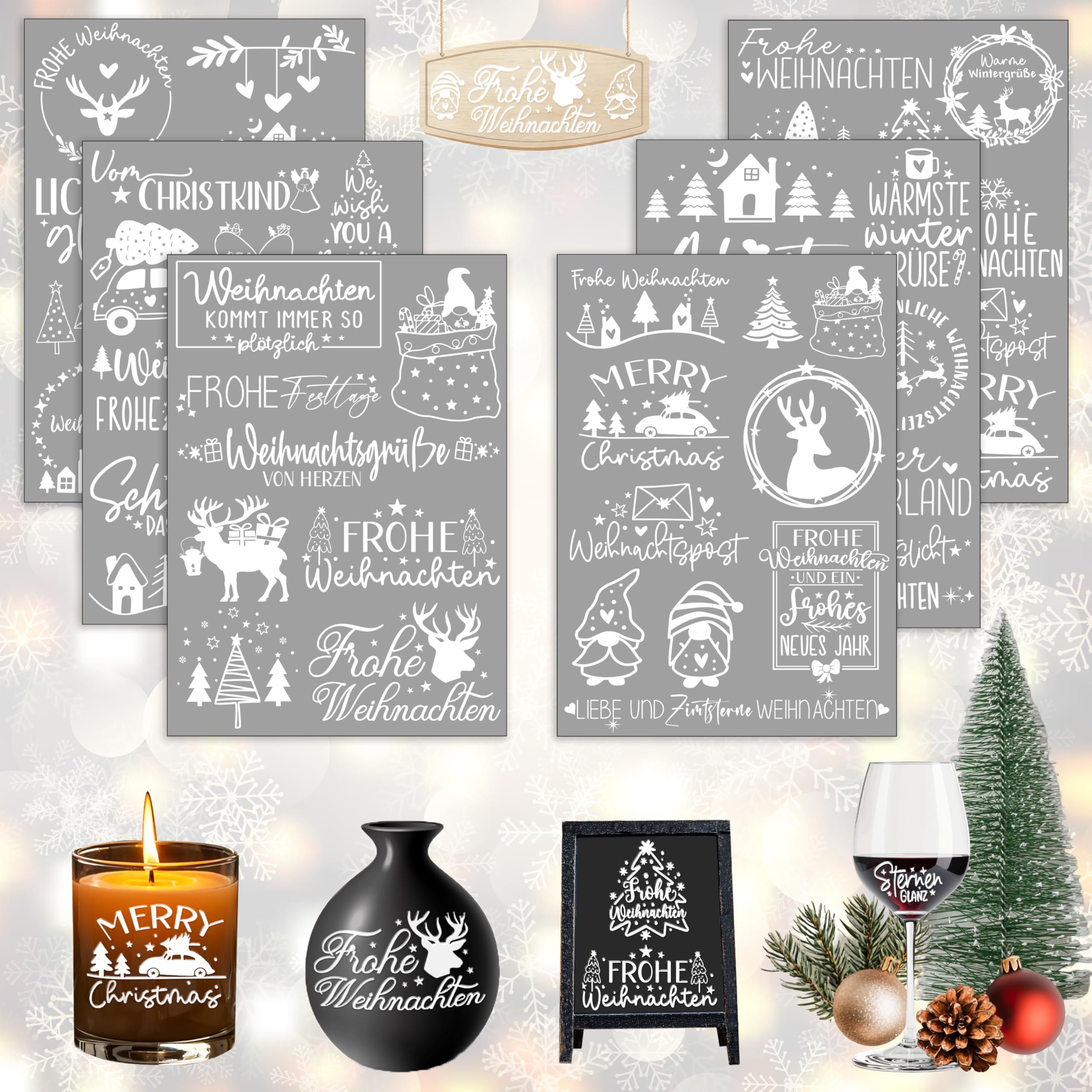 Rub On Sticker Weihnachten, 6 Stück A5 Transferaufkleber für Glas, Holz & Möbel, weiße Rub On Folie für DIY Basteln, Scrapbooking & Weihnachtsdeko (Weihnachten III)