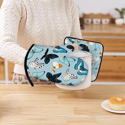 Miniatura 6 de Juego de 2 guantes de cocina con diseño de mariposas azules, guantes de cocina resistentes al calor para hornear, barbacoa, decoración del hogar