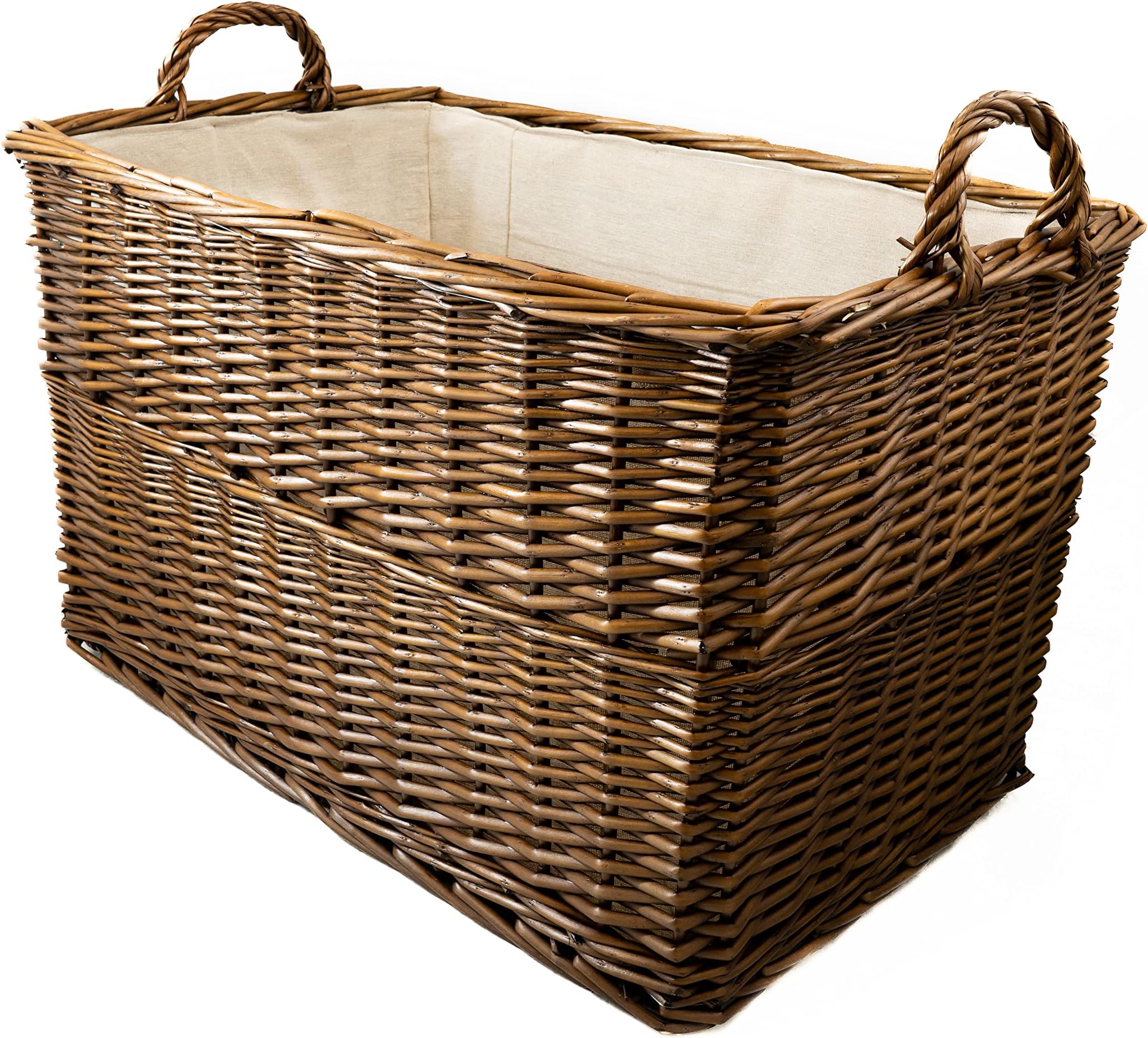 Arthur Cameron Wicker Log Basket with Lining and Handles (62x40x37cm) Medium Sturdy Storage Basket perfect for Toys, blankets, hallway, garage, living room, bedroom or office