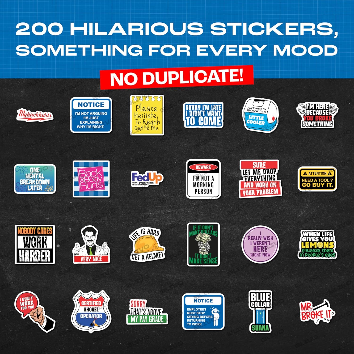 200 PCS Hard Hat Stickers for Adults (No Duplicates) Sarcastic, Meme, & Funny Stickers for Water Bottles, Toolbox, Helmet, & Hard Hat Accessories – Ideal for All Blue Collar Workers
