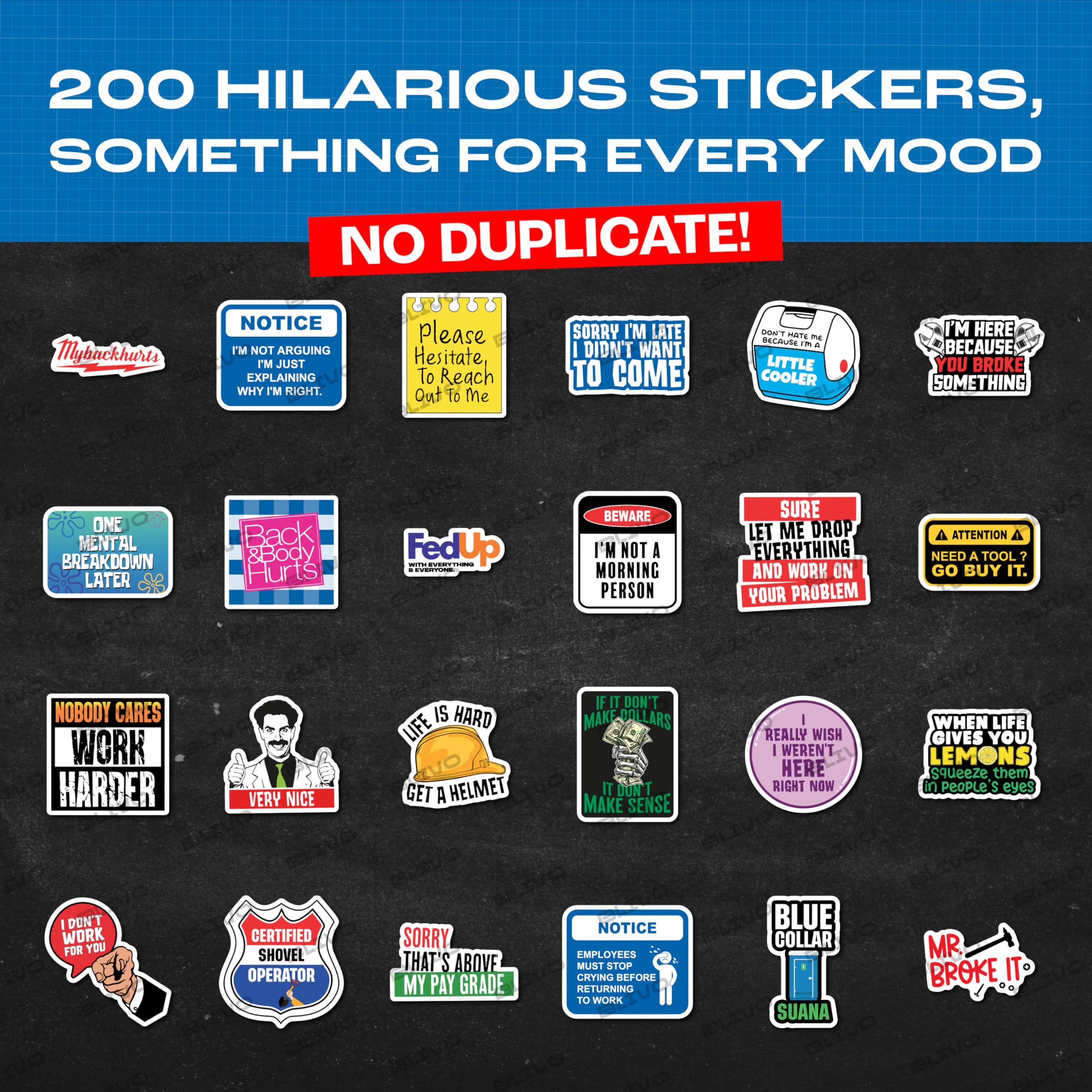 200 PCS Hard Hat Stickers for Adults No Duplicates Sarcastic Meme Funny Stickers for Water Bottles Toolbox Helmet — view 2