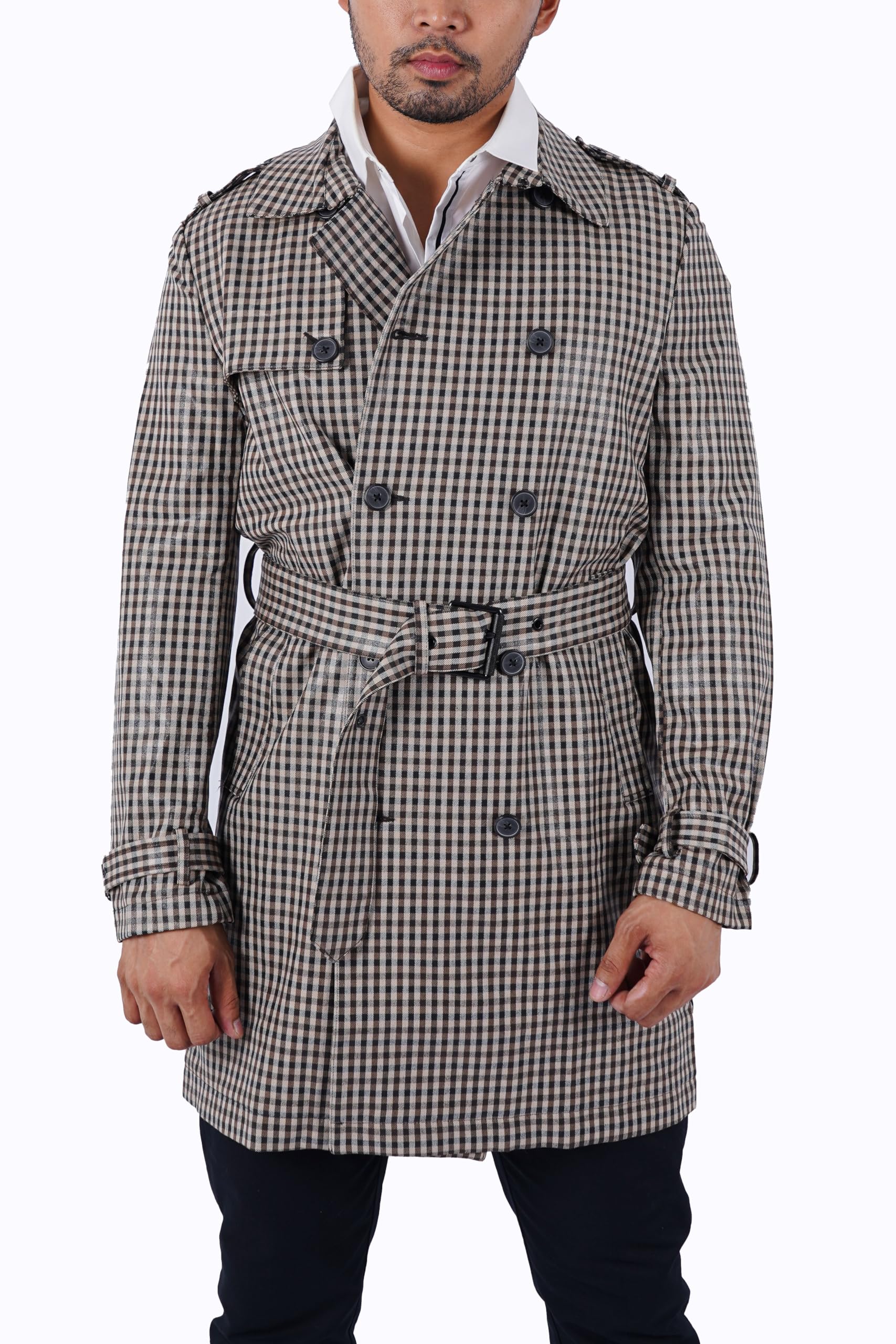 GenericMen's Winter Coat RON MEDIUM JACKET Brown Trench Overcoat Casual Check Long Coat Pea Topcoat Mens Trench Coat Notched Lapel Double Breasted Check Long Jacket Overcoat Pea Coat Gift For Men Size XS-XXL