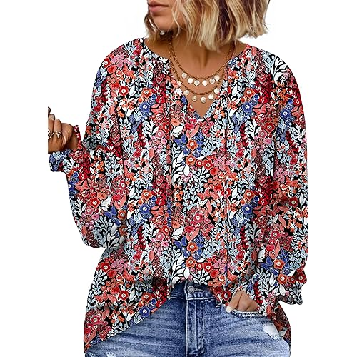 Eytino Plus Size Tops for Women V Neck Long Sleeve Drawstring Floral Boho Print Blouse Shirts Vacation Outfits(1X-5X)