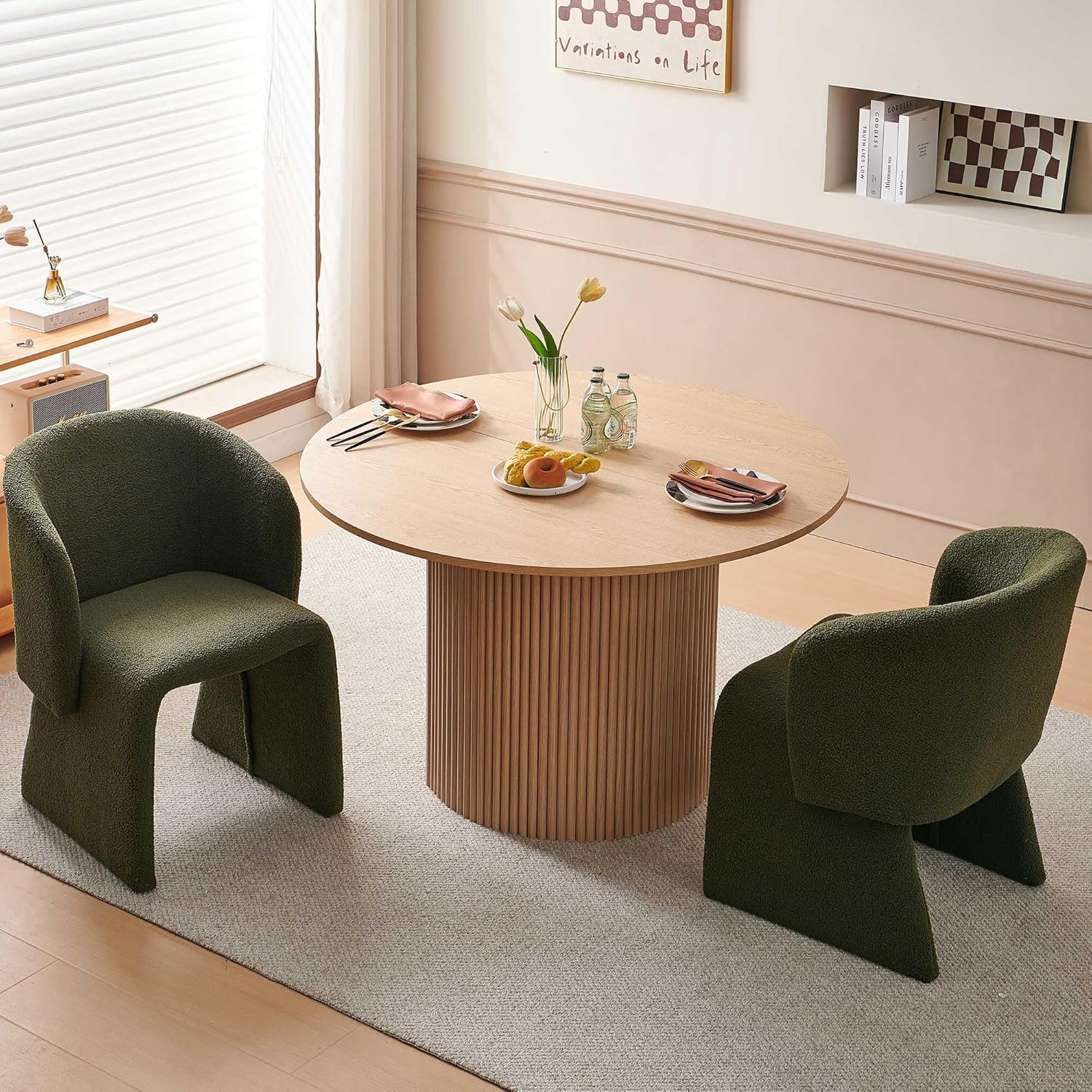 NORDICANA 3-Piece Round Dining Table Set for 2, Rustic 47-Inch Kitchen Table and Chair Set, Dining Set with Dark Green Upholstered Armchairs, Manufactured Wood Top with Oak Veneer