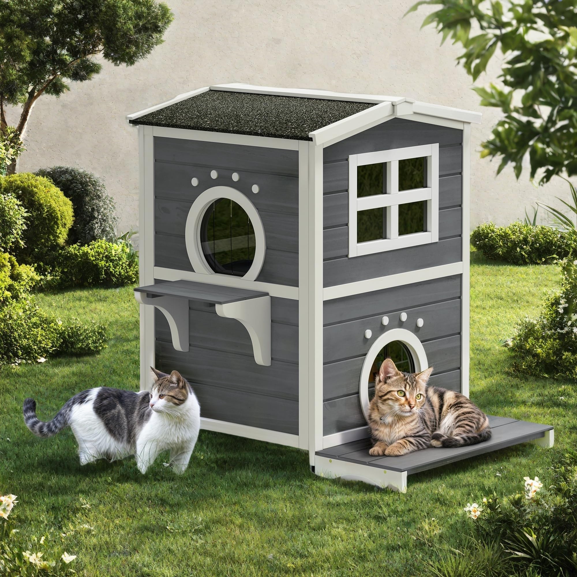 DWVO Large Two-Story Outdoor Cat House for 2 Cats, Solid Wood Feral Cat Shelter Weatherproof with Escape Door & Openable Asphalt Roof, 2 Story Outside Cat Condo with Windows for Small Animals, Grey